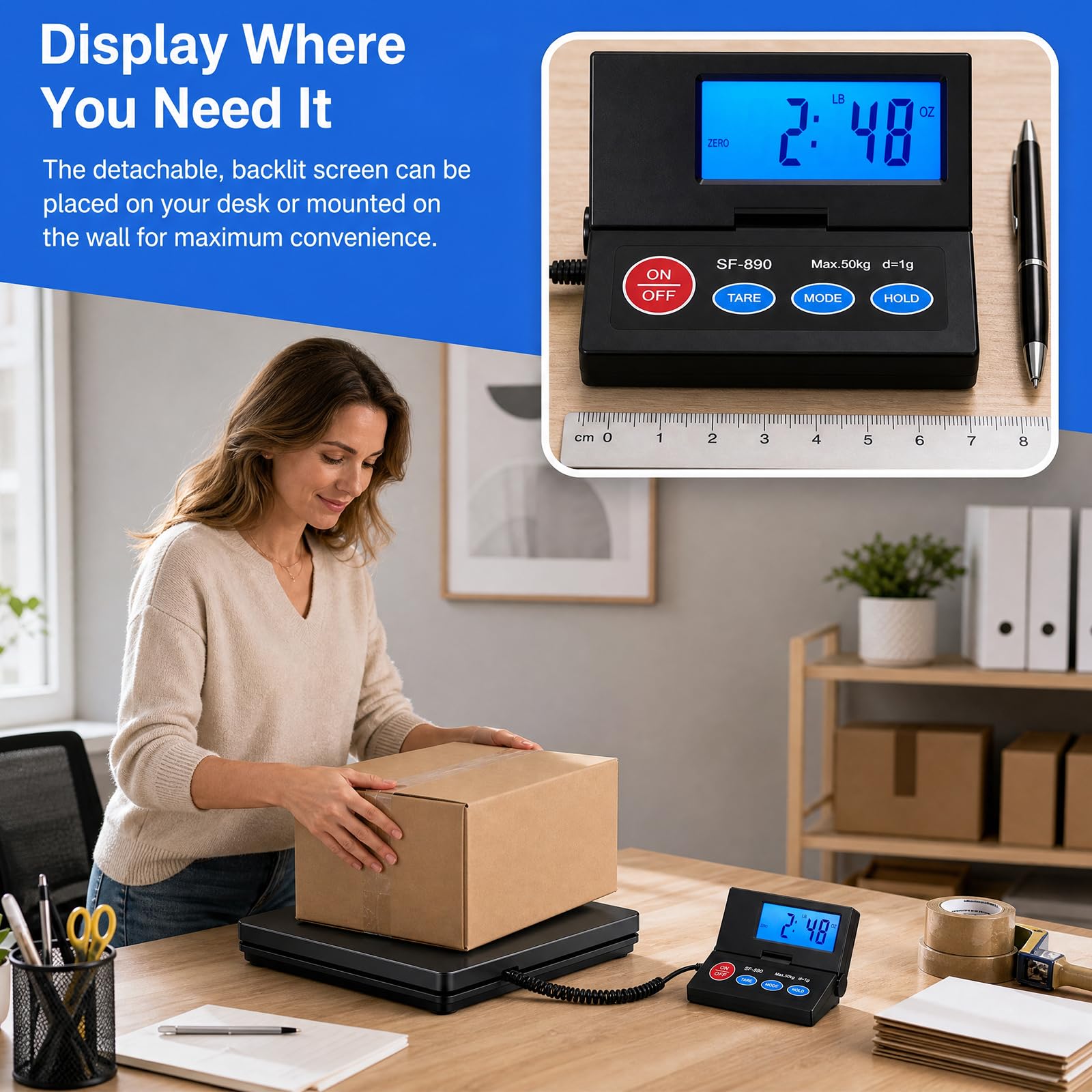Bilancia per pacchi, 50 kg | D=2 g - Bilancia da piattaforma ad alta precisione, bilancia digitale per posta con display LCD esterno pieghevole, incl. batteria e cavo USB per pacchi/bagagli/ufficio