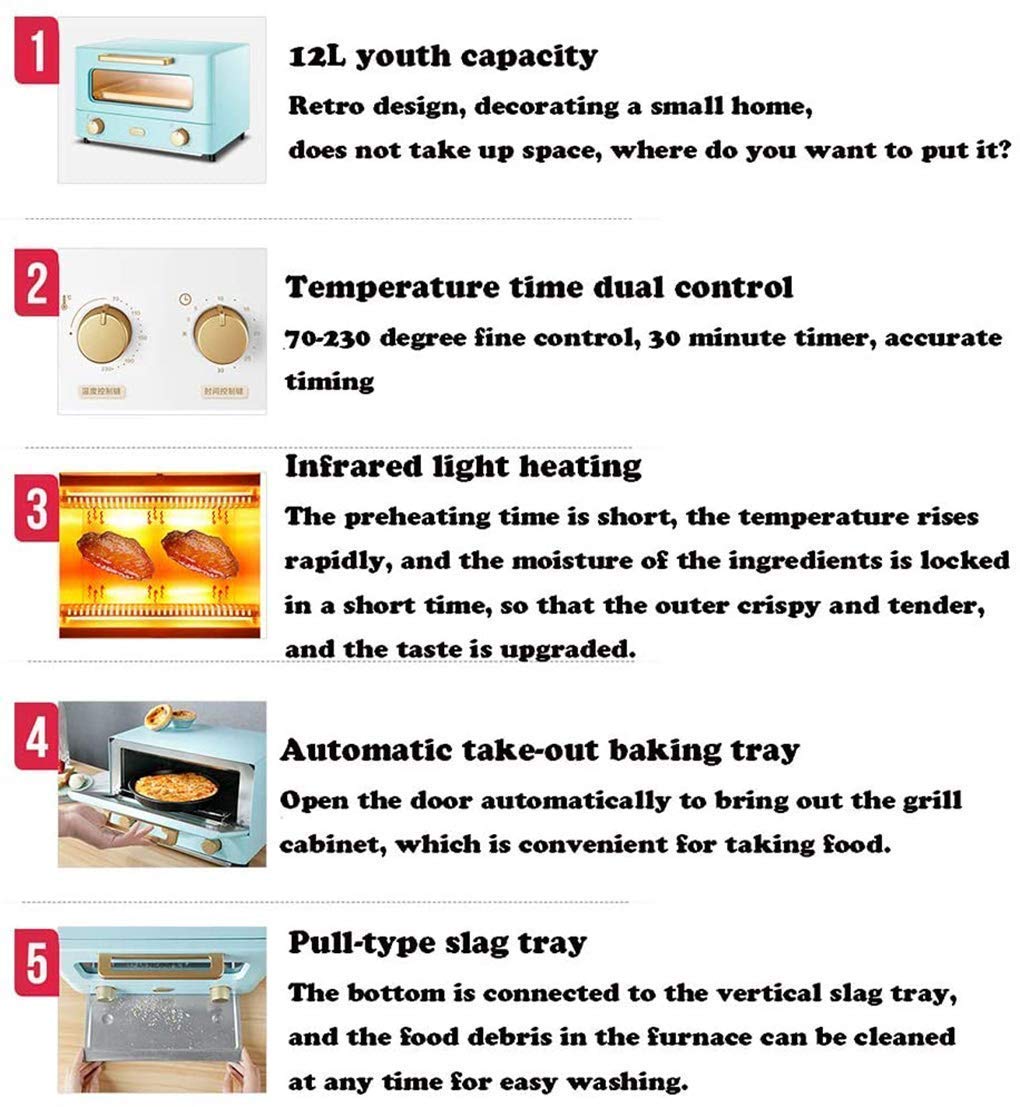 FAXIOAWA Mini Forno da 12 Litri, fornello Elettrico e Grill Cottura Domestica Piccolo Timer da Forno Porta a Doppio Vetro Calore Superiore e Inferiore Forno a convezione da Cucina da 1000 W (Blu)