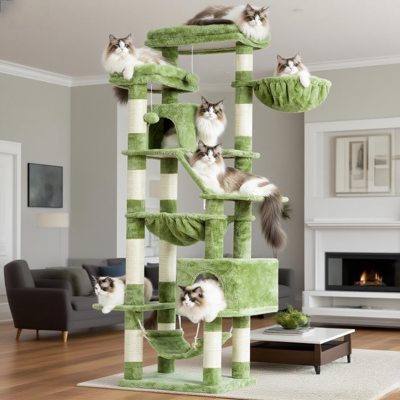 Heybly Cat Tree,71-Inch Tall Tower for Indoor Cats with 2 Perches, 2 Big Condos, 2 Hammocks, Basket, Scratching Pad,Large Cat Furniture and Condo, Green HCT034GR
