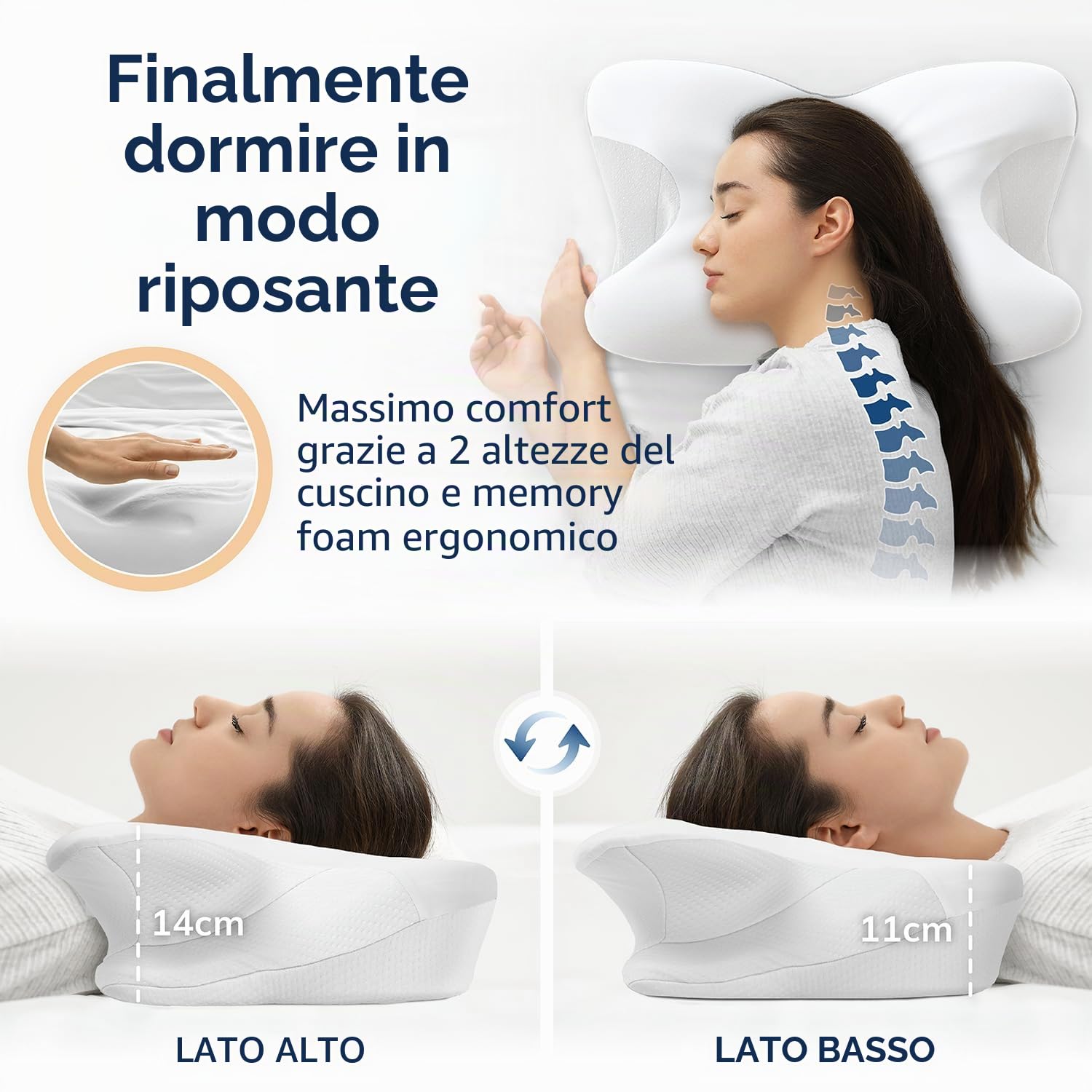 CALMONT - Cuscino ortopedico per tutti i tipi di sonno, cuscino cervicale per un sonno riposante, cuscino in memory foam per una regolazione ideale, cuscino cervicale, cuscino ergonomico (bianco)