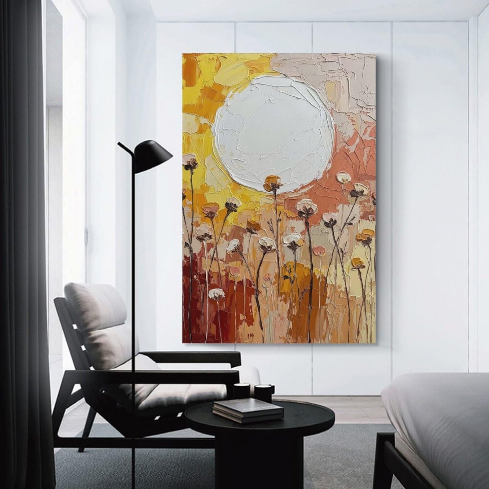 Junmoney Unframe-Style-8 Wall Picture Print Textured Floral Painting With White Circle, 24X36inch(60X90cm), For Feature Walls In Flats Or Modern Rooms, An Easy Match For Collected Prints