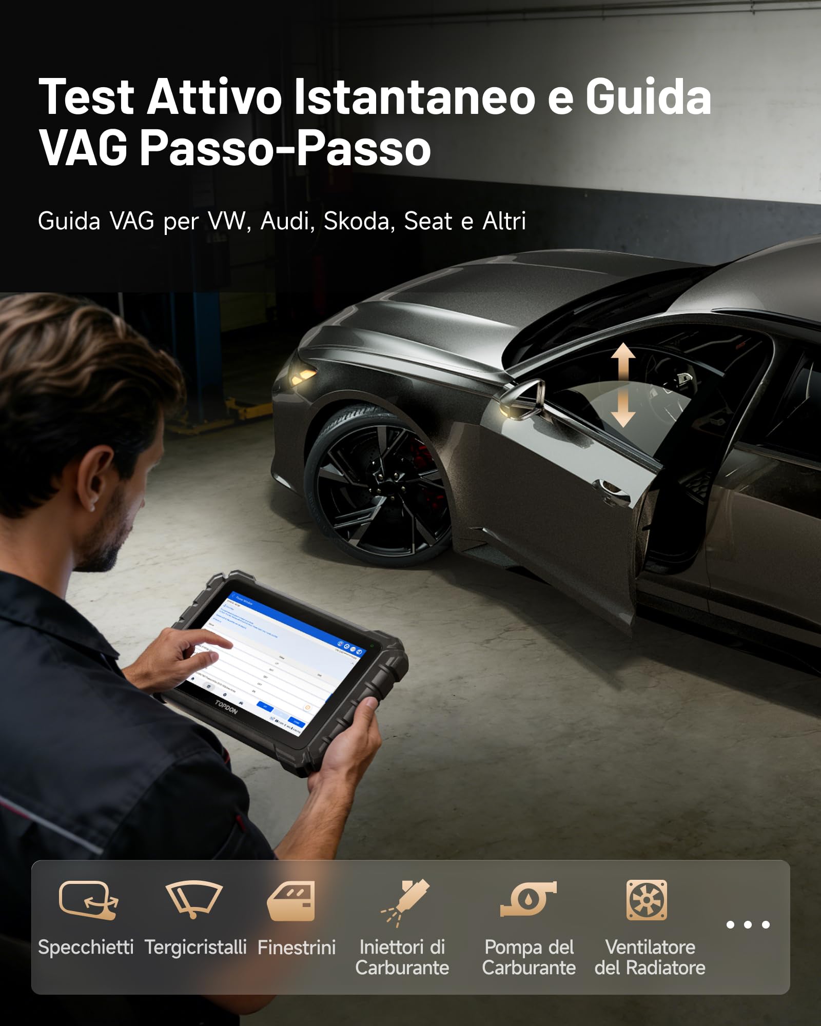 TOPDON ONE 10.1" Strumento Diagnostico OBD2 Bidirezionale, J2534 Pass-Thru, Codifica ECU e Oltre 50 Servizi, Scansione Completa del Sistema con TopFix AI, Topologia OE, Accesso FCA/Renault/VAG SFD SGW