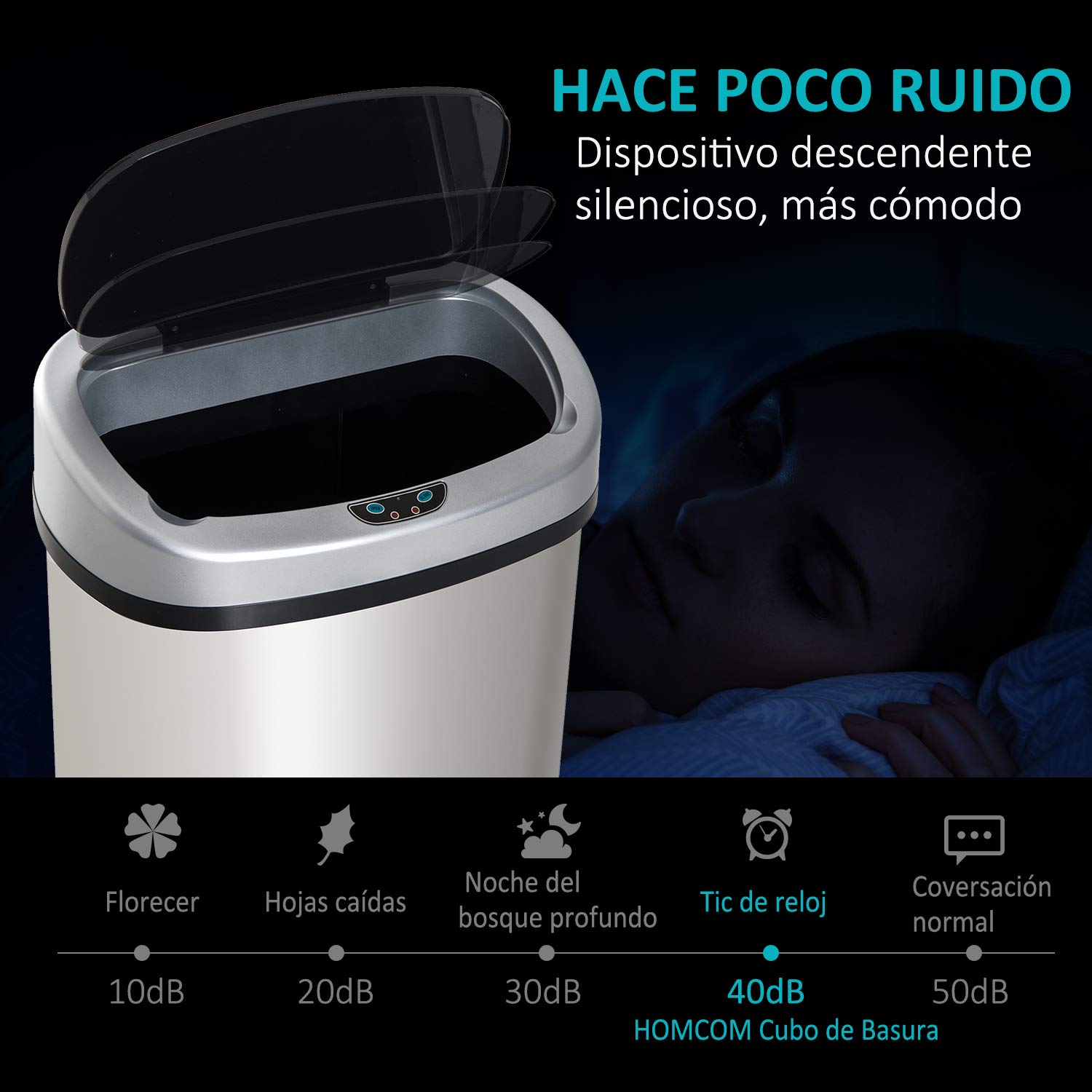 HOMCOM Cubo de Basura Apertura Automática Sensor Papelera Reciclaje para Cocina Dormitorio 48L Acero Inox