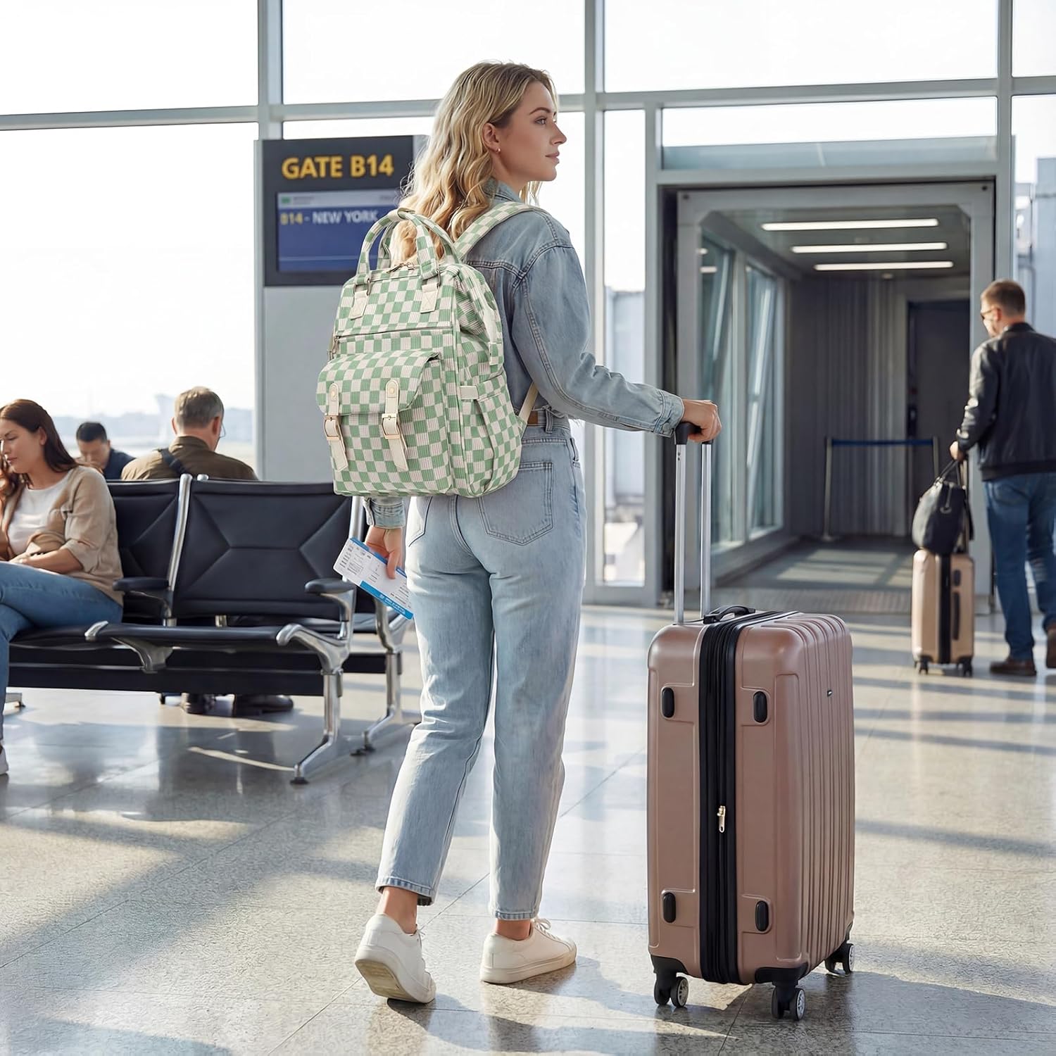 Corduroy Laptop Backpack for Women 15.6 Inch Stylish College School Bookbag, Business Work & Travel Computer Backpacks (Checkered Green) - Image 2