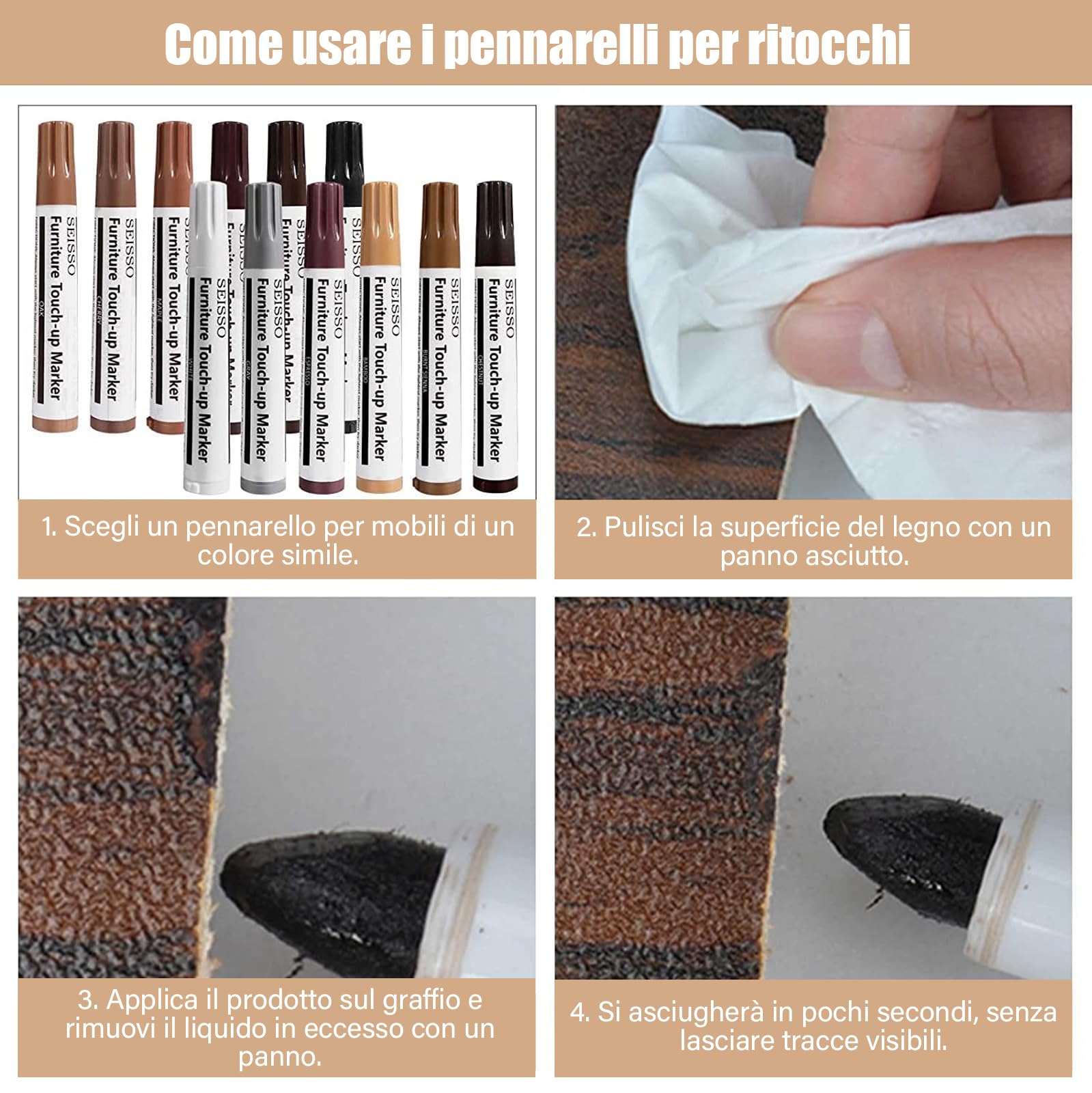SEISSO Kit di Riparazione per Mobili in Legno, Kit da 12 Pennarelli Ritocco Legno, per Macchie, Graffi, Pavimenti, Tavoli, Scrivanie, Falegnami, Lettini