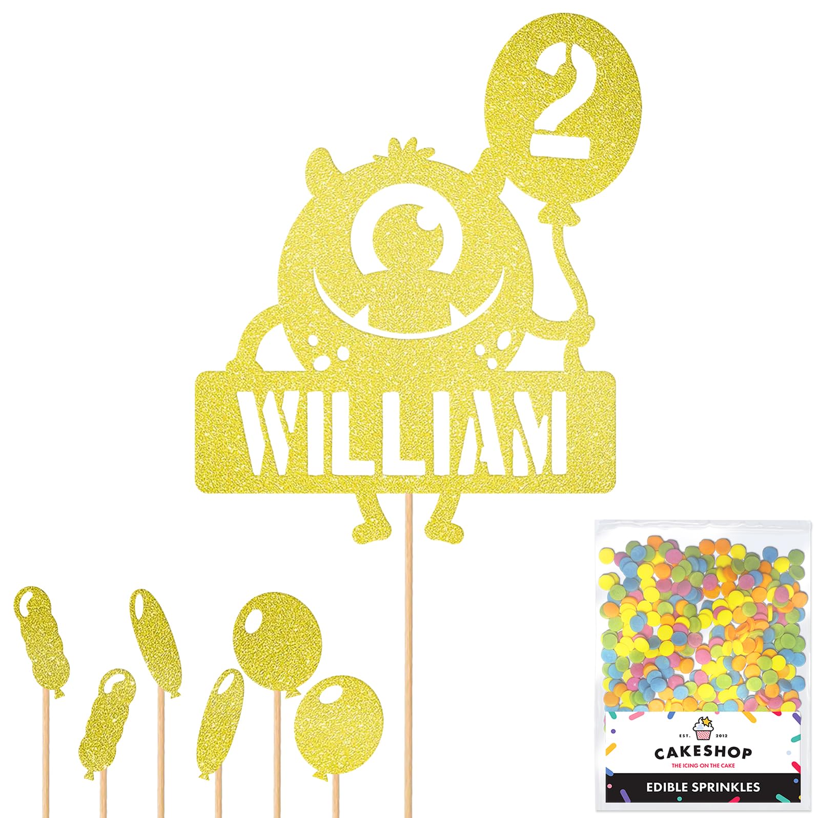 Personalised Birthday Monster Alien Glitter Cake Topper Champagne Any Custom Age & Name Glitter Cake Decoration and Sprinkles - Happy Birthday Decorations - Personalised Toppers for Cakes by Cakeshop