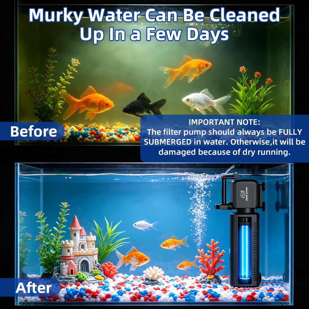 Filtro de acuario 4 en 1, filtro de luz U-V con temporizador, bomba interna de acuario con modo de bombeo de agua de lluvia de oxigenación para tanques de agua dulce y salada (12 W 1000 L/H)