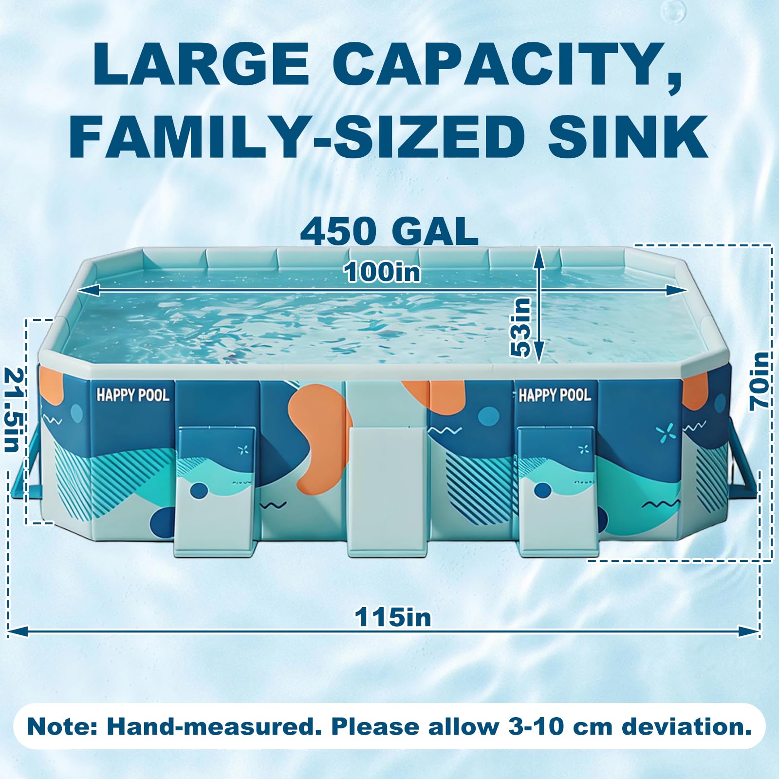 Grande piscine familiale pliable pour enfants et chiens, 292,1 x 165,1 x 54,6 cm (L x l x P) – Piscine carrée en plastique rigide avec parois latérales renforcées et installation facile pour le jardin
