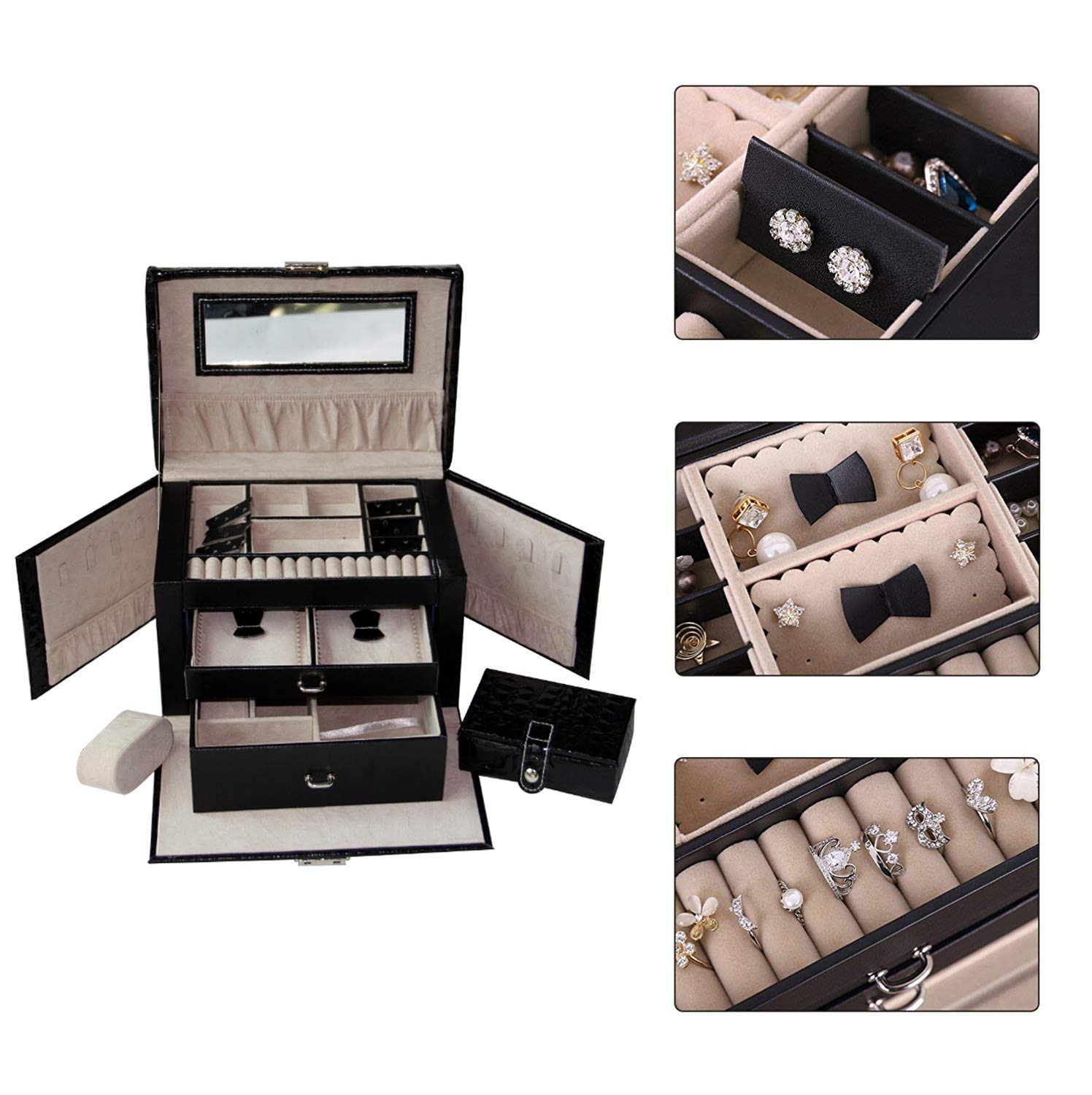 New PU Large Jewellery Box Case Watch Holder Storage Organizer With Lock Black Croc