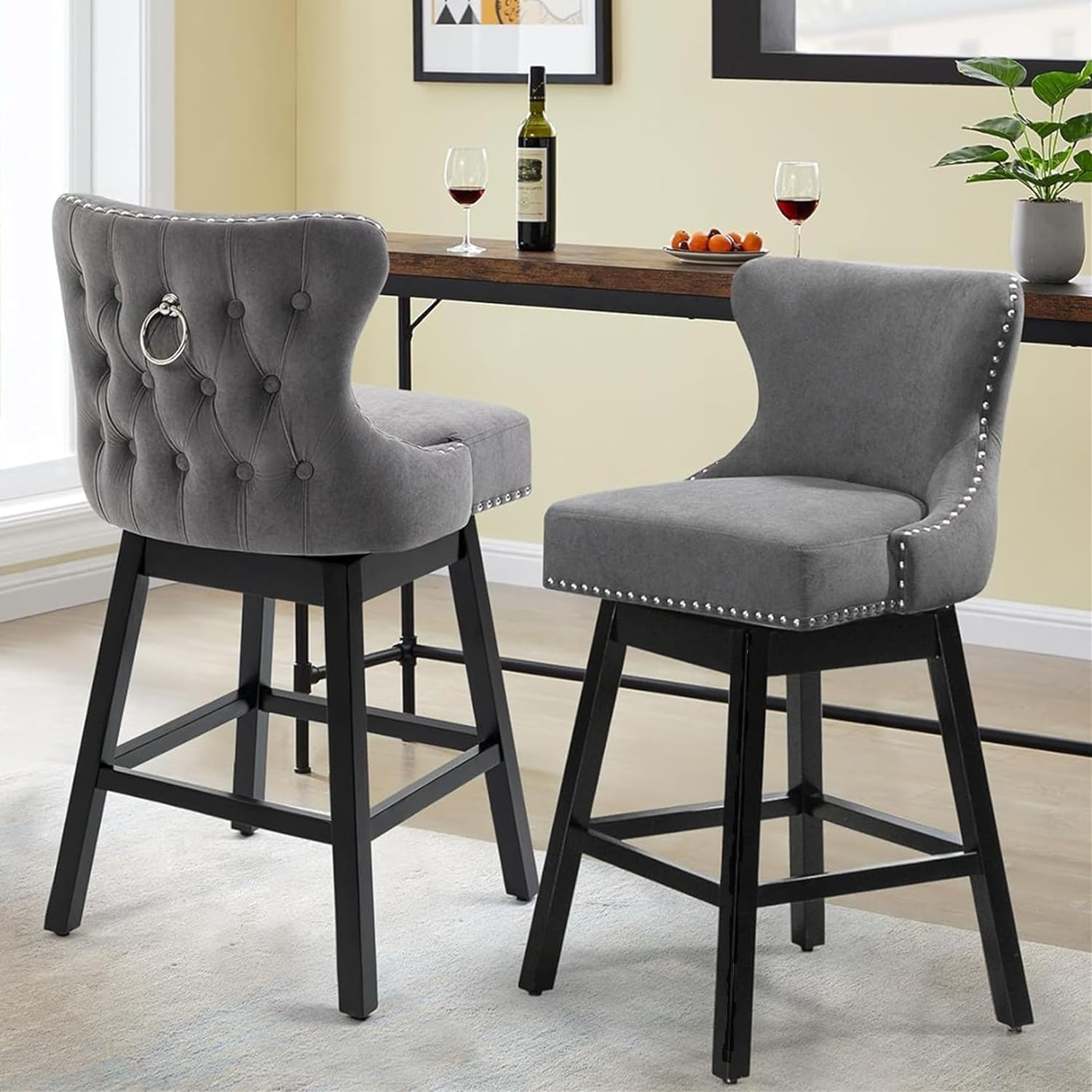 ECOTOUGE Swivel Bar Stools Set of 2, 29" Seat Height Kitchen Stools with Tufted Back & Wood Legs, Velvet Upholstered Counter Stools with Pull Ring for