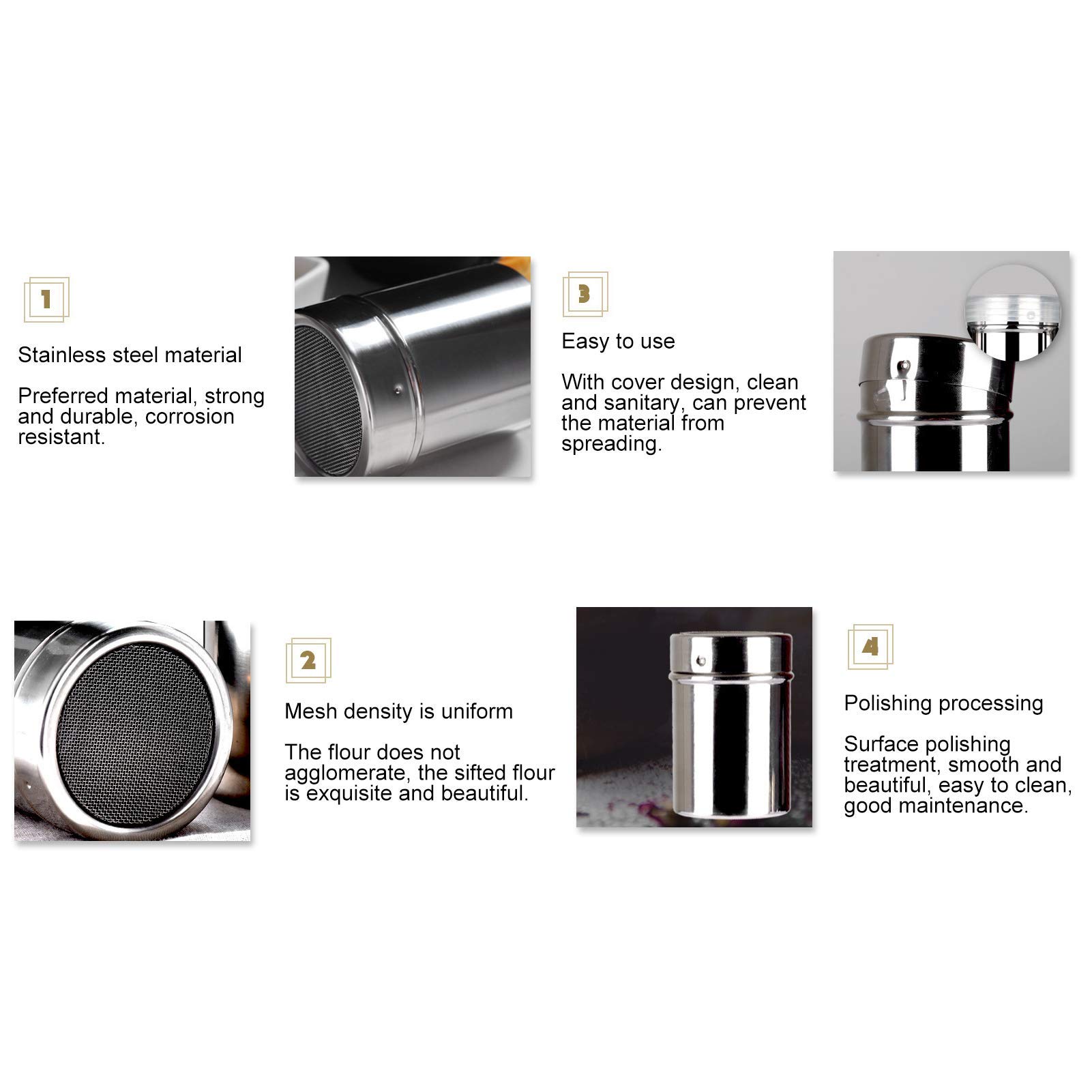 Set Di 2 Agitatori Per Zucchero In Acciaio Inossidabile 304 - Shaker Per Polvere Con Coperchio A Maglia Fine, Erogatore Per Caffè, Zucchero A Velo, Cacao, Spezie - 6x8 Cm, 182 G - 4