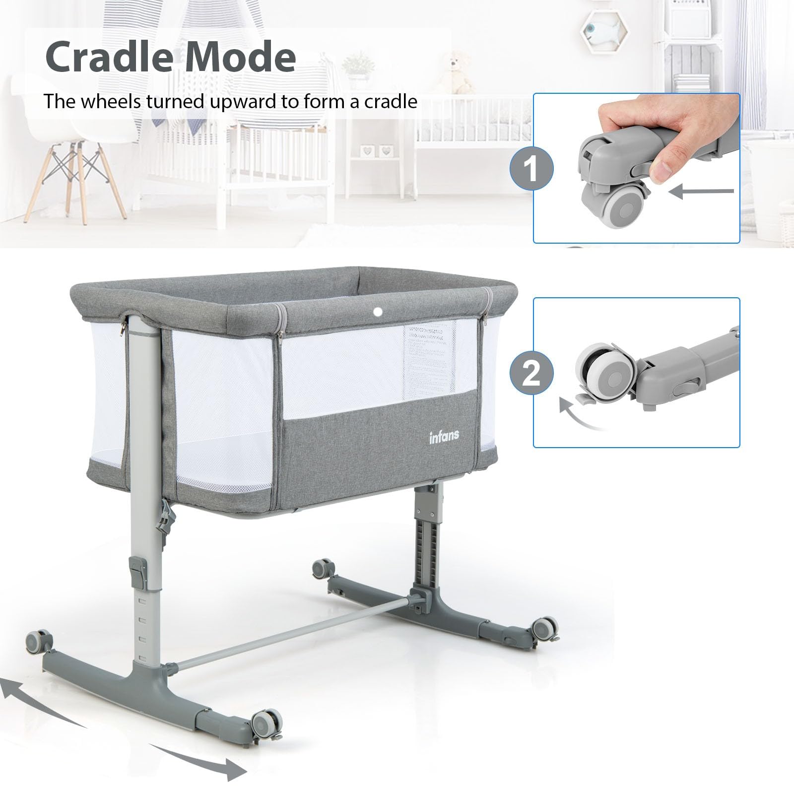 LIFEZEAL 3 in 1, culla regolabile in altezza a 5 livelli, culla con materasso, lettino da viaggio mobile su ruote con navicella, culla per bambini dalla nascita fino a 9 kg (grigio chiaro)