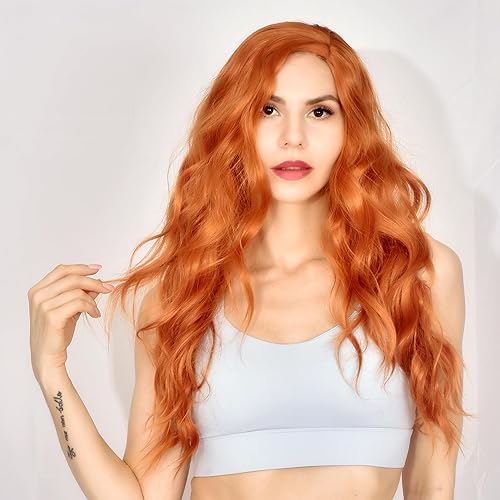 Miniatura 3 de Pelucas largas onduladas naranjas para mujer, parte media, 26 pulgadas, peluca sintética rizada natural, pelucas de fibra resistente al calor, para