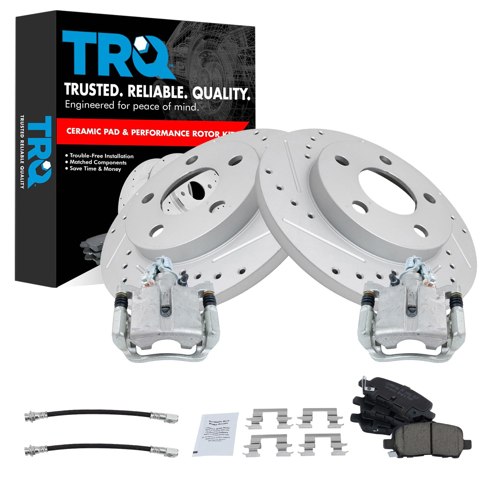 TRQ Performance Rear Brake Pad and Rotor Set Ceramic Slotted Drilled Coated Rotors Calipers Compatible with 2005-2008 Pontiac Grand Prix