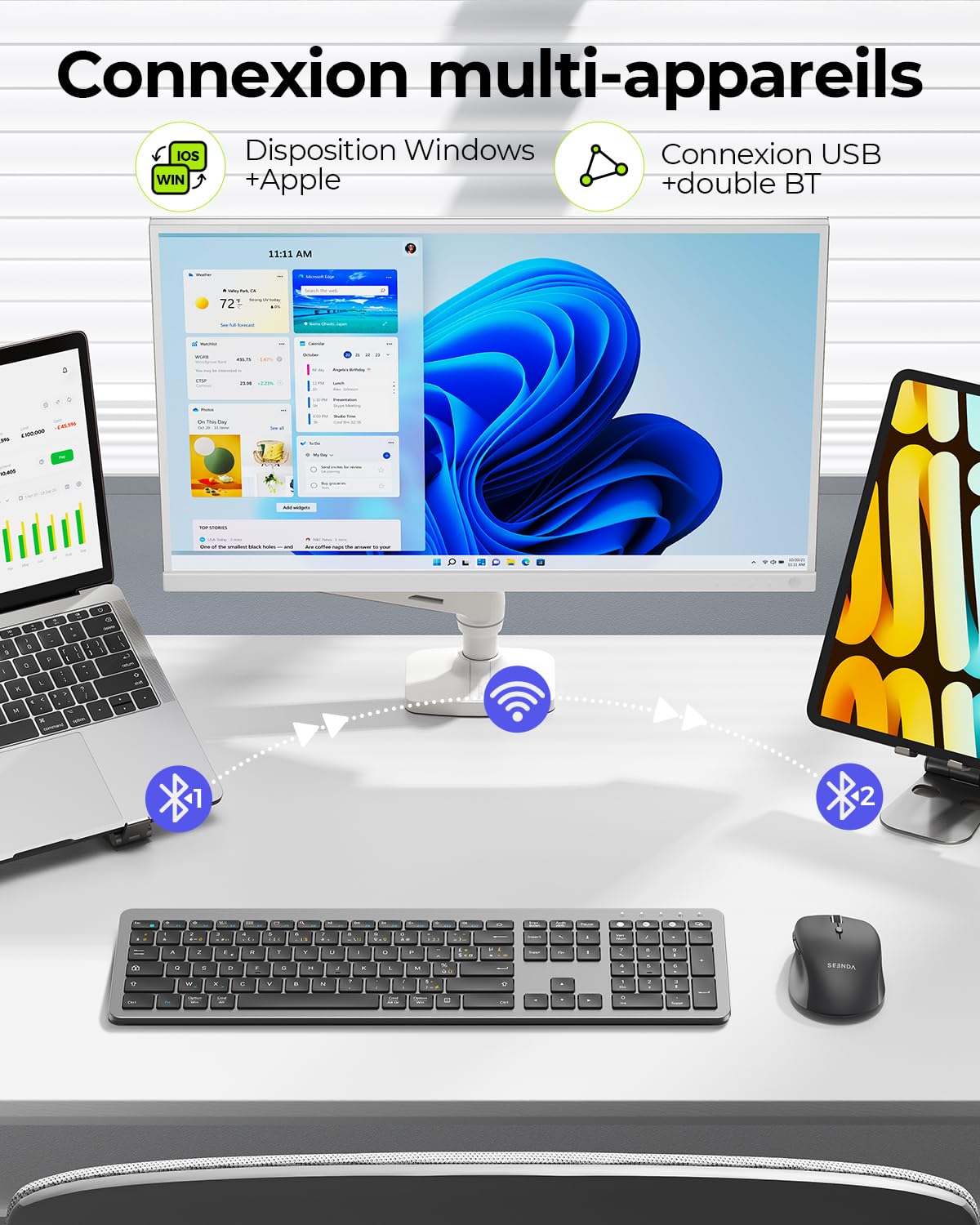 seenda COE300 Clavier Souris sans Fil Bluetooth AZERTY | Connexion Multi-Appareils, Silencieux, Ultra-Fin Clavier, Souris 4 Niveaux DPI, Compatible Windows/Mac OS/iPad/Android
