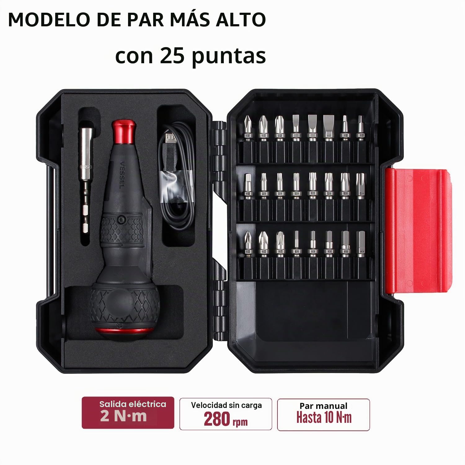 VESSEL e-ASSIST Destornillador de alto par de torque (oficial de EE. UU.) con juego de 25 piezas