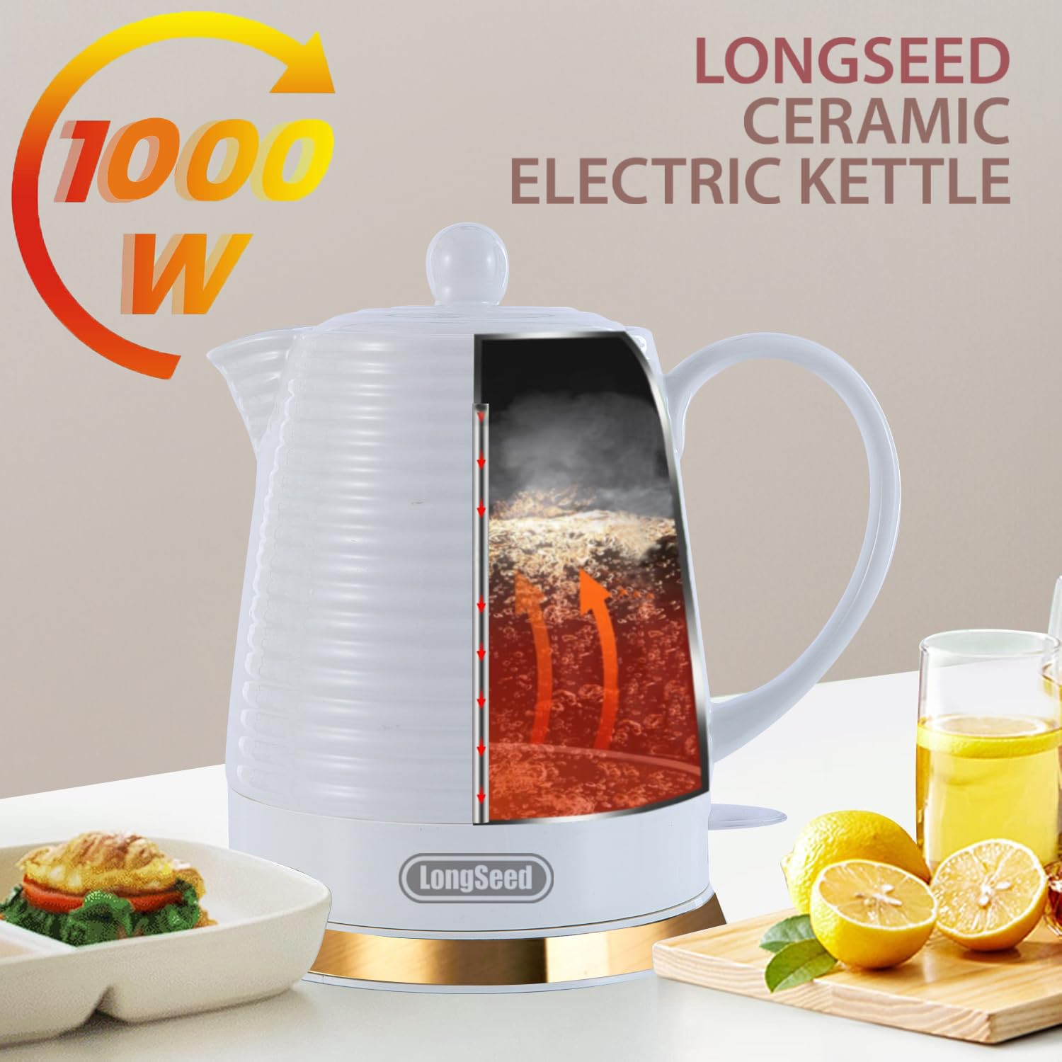 LONGSEED 1.26 Quarts Ceramic Electric Kettle with Infuser & Cups Kit, Boil Water Teapot, Boil-Dry Protection Auto Shut-off, Detachable Swivel Base, 1000W Fast Boiling for Tea and Coffee