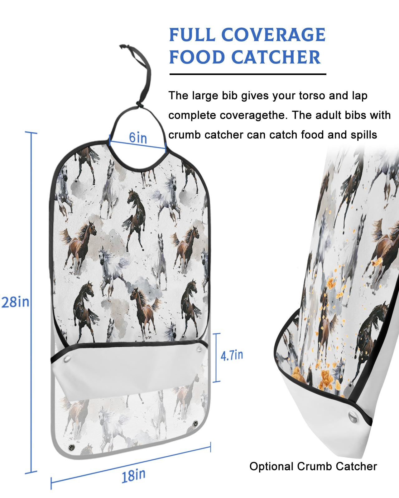 Watercolor Brown White Horse Adult Bibs for Eating, Waterproof Bibs with Food Catcher & Adjustable Snap Closure, Modern Abstract Art Washable Clothing Protectors Adult Bibs for Elderly Women/Men