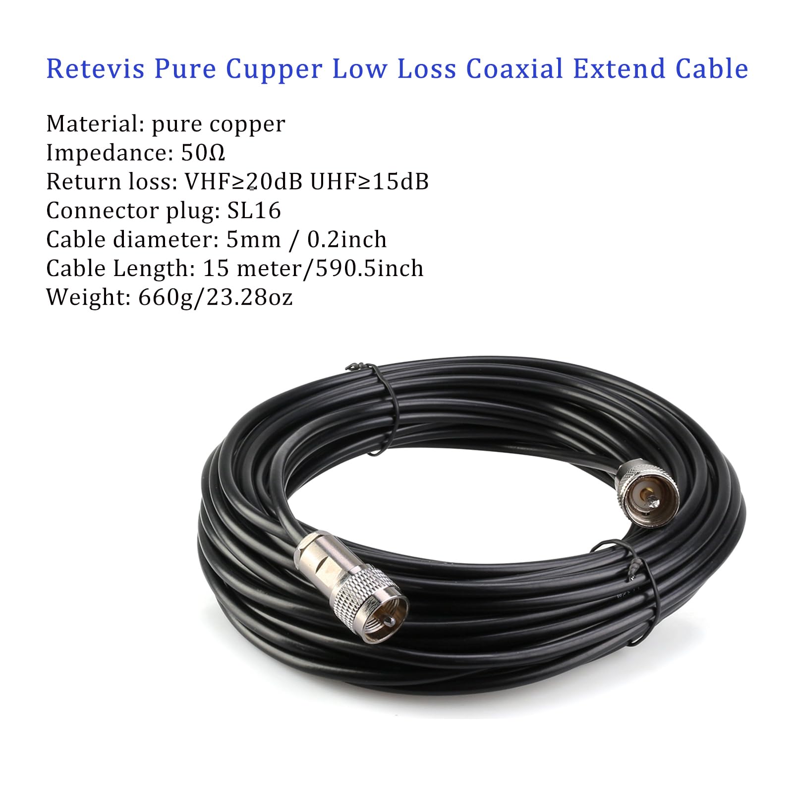 Retevis Cavo coassiale a bassa perdita, cavo coassiale con connettore SL16, compatibile con ripetitore RT97 a due vie per radio prosciutto (15 metri, 1 pezzo)