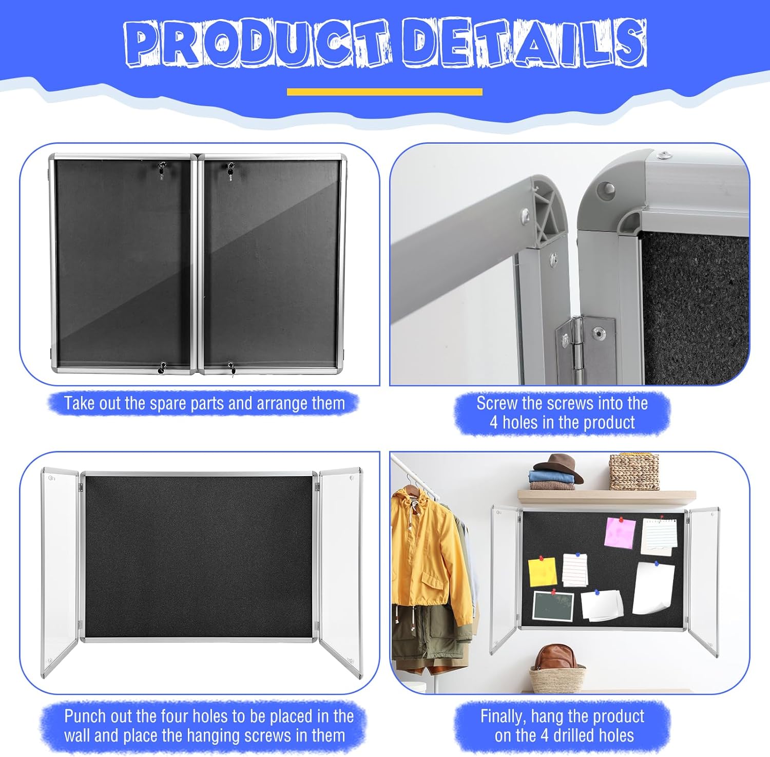 Motipuns 48"x36" Lockable Enclosed Bulletin Board with Glass Door, Weather Resistant Cork Notice Board, Wall Mounted Display Case for School Office Community Outdoor, 12xA4(Black, Silver Frame)