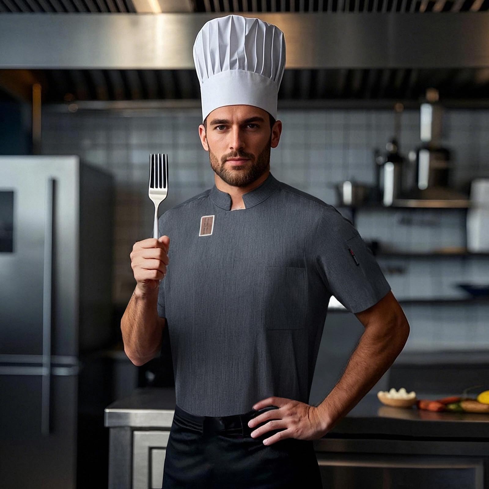 Veste de cuisinier à manches courtes pour homme - Veste de travail - Vêtement de cuisine - Chemise de cuisine - Chemise de chef professionnel - Uniforme professionnel - Vêtement professionnel