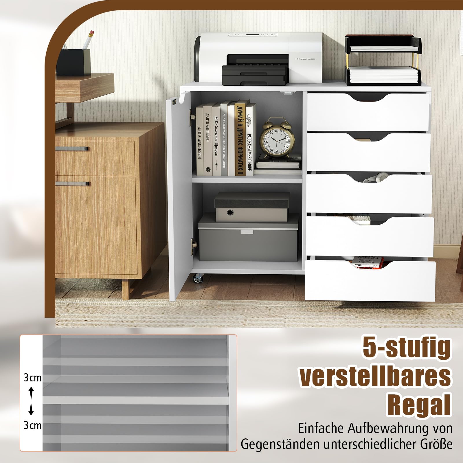 COSTWAY Rollcontainer mit 5 Schubladen & Tür, mobiler Aktenschrank mit Arbeitsplatte & Rollen, Büroschrank modern, Schreibtisch Unterschrank für Büro Wohnzimmer, 79 x 39 x 65cm (Weiß)