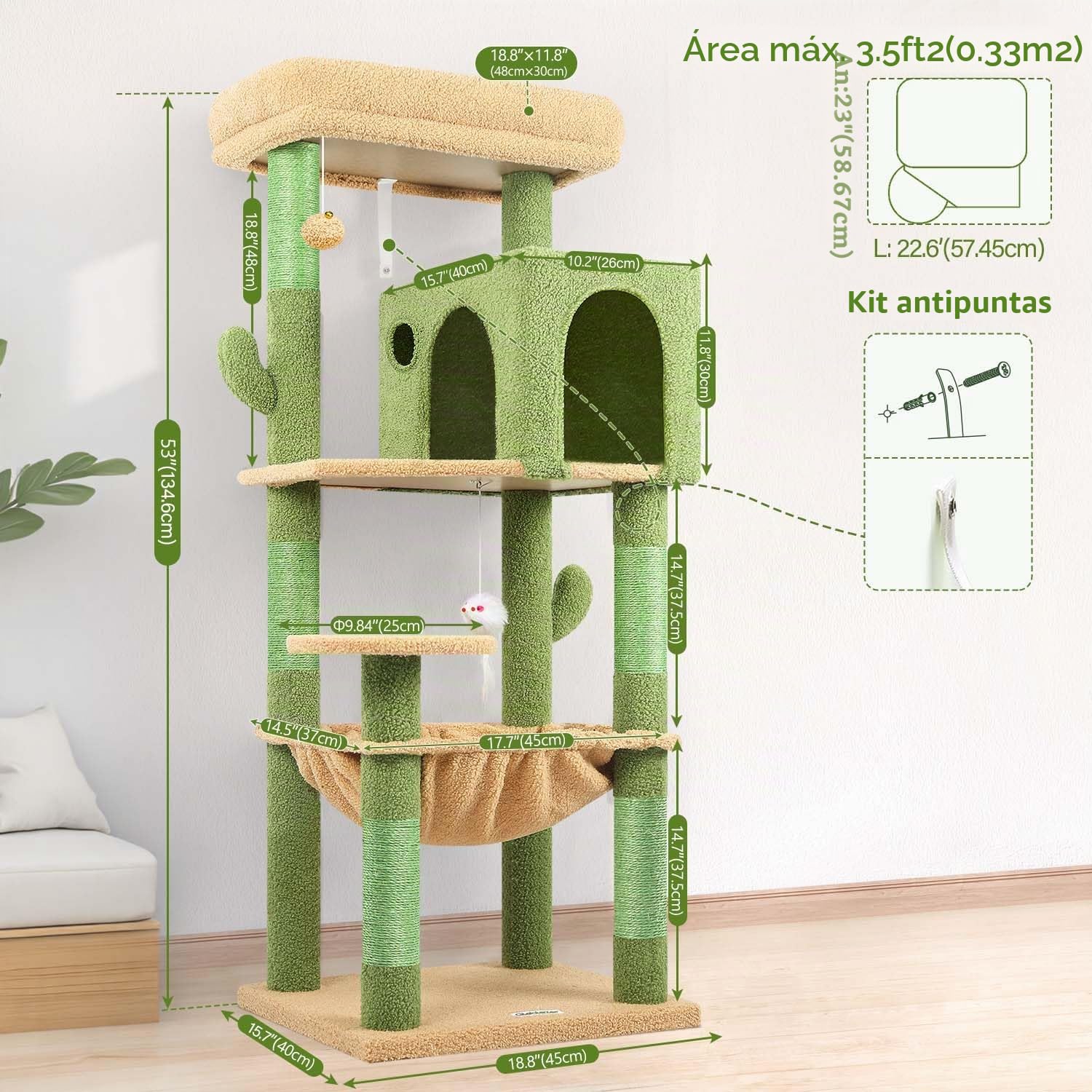 Globlazer Rascador para Gatos Verde Cactus Interior 137 cm con inmenso Hamaca 45 * 40cm, Grande Nidos, Plataformas Acolchada, Estable Árbol Rascador para Gatos Fácil de Montar (F53, Verde Cactus)