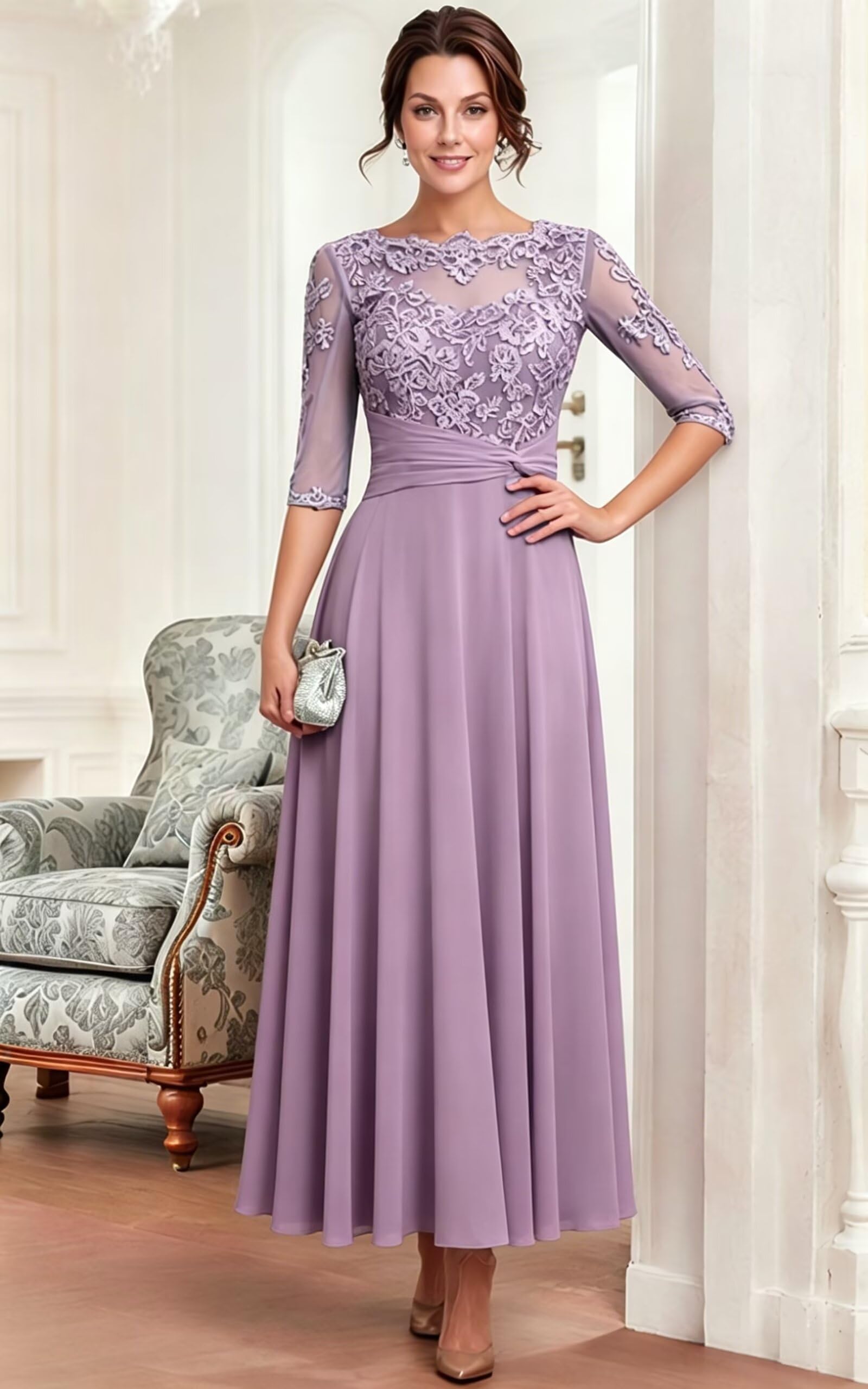 Damen Spitzenapplikationen Halbarm Chiffon Brautmutterkleider Lang A-Linie Abendkleider Elegant Für Hochzeit