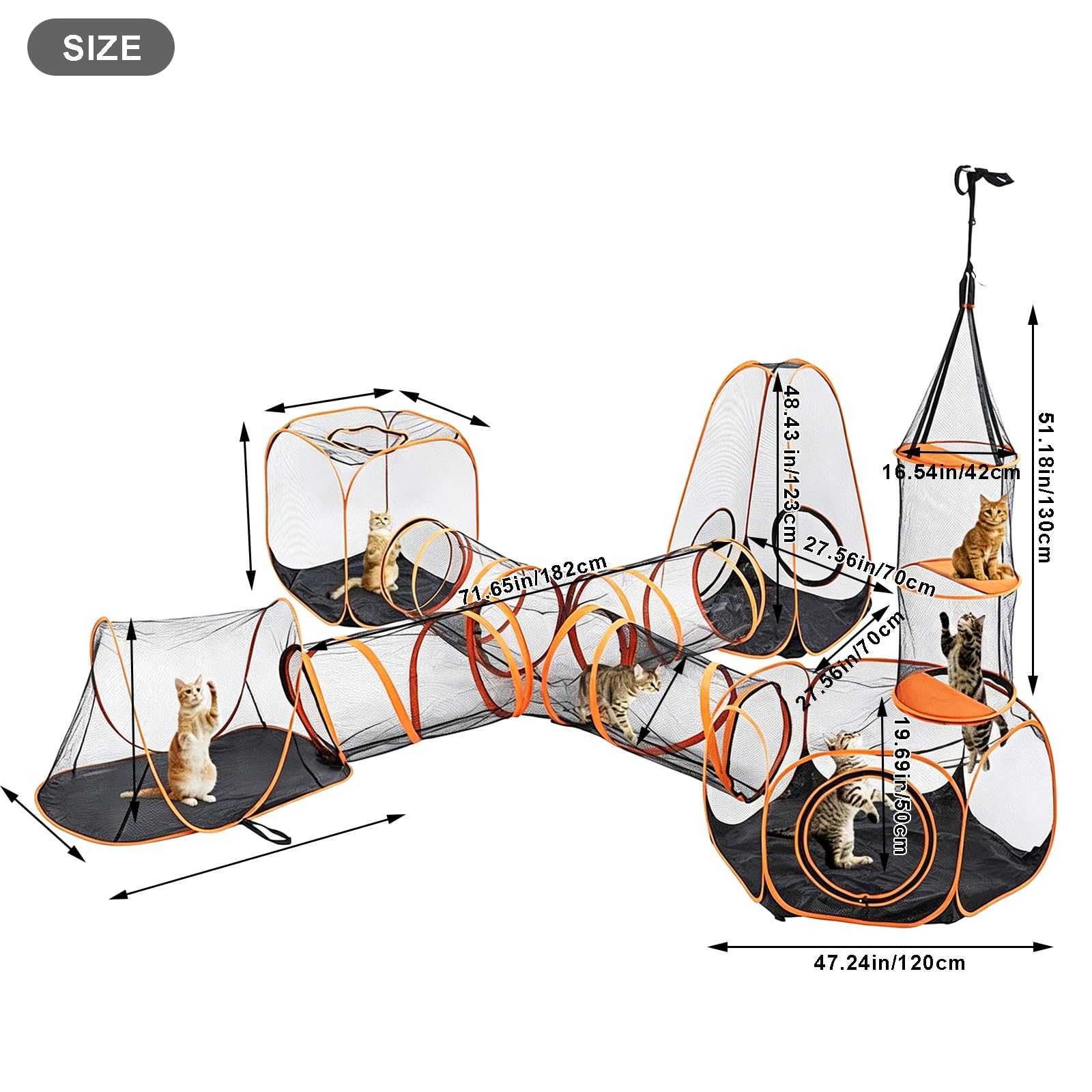 6-in-1 Modularer Katzenspielplatz mit hängendem Klettertunnel, großes Katzenhaus und Gehege für mehrere Katzen, tragbares Katzen-Aktivitätszentrum mit Würfelzelten und Y-Tunnel für Katzen, Kaninchen