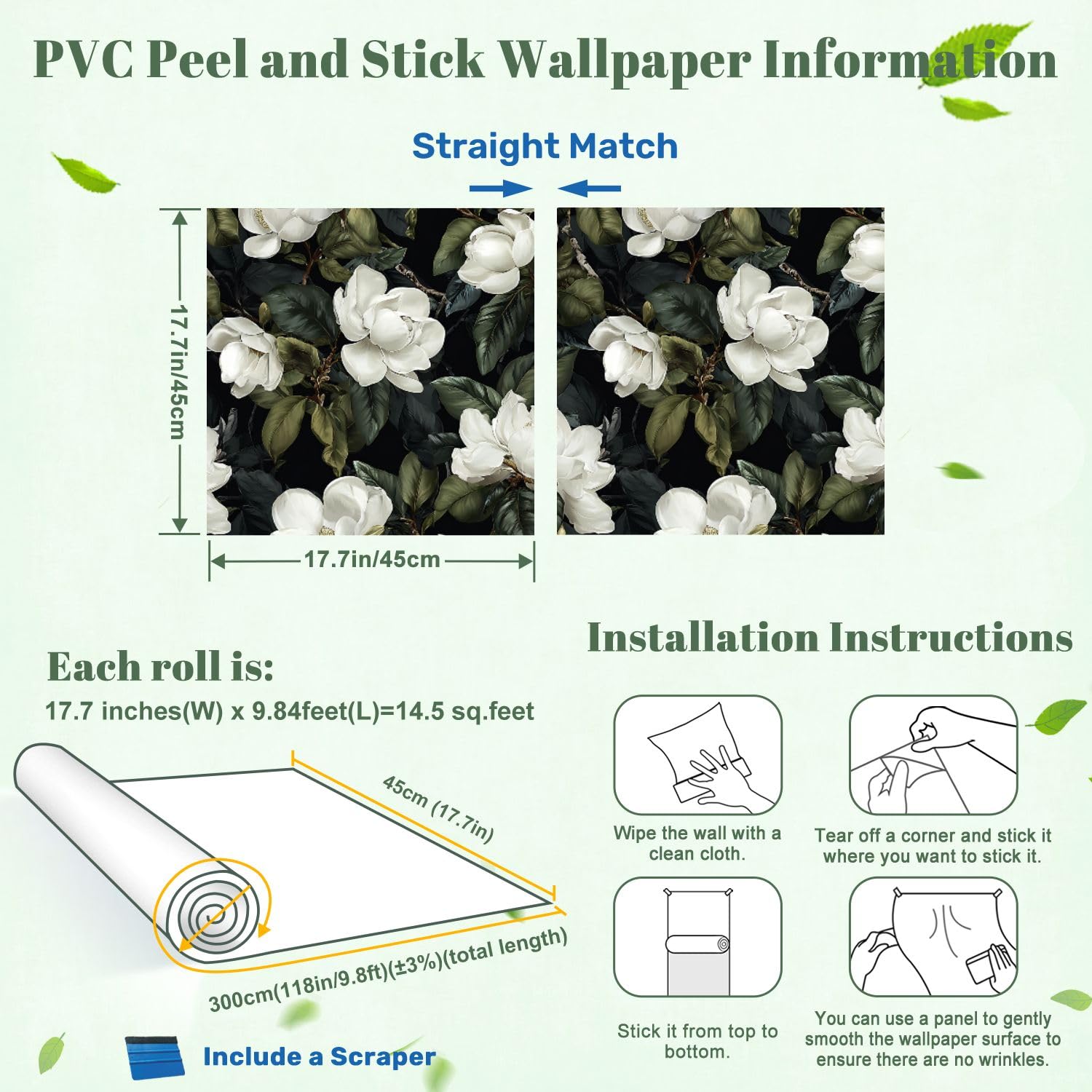 Rivestimento per mensole e armadietti, elegante bianco magnolia fiori verde scuro foglie nere autoadesivo per cassetti 45 cm x 3 m carta da parati per mobili da cucina