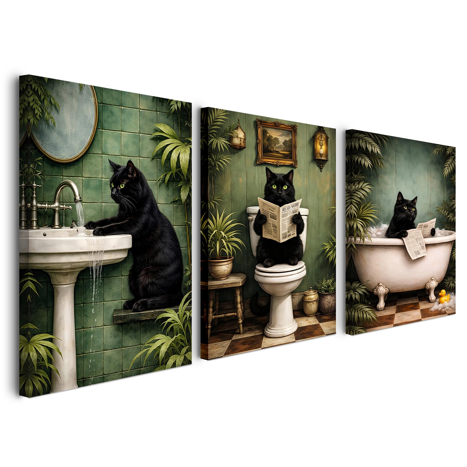 Alptiny Set di 3 quadri da bagno da 30 x 40 cm su tela con cornice, simpatici gatti con , decorazione da parete per il bagno, decorazione da parete per il bagno e il WC degli ospiti