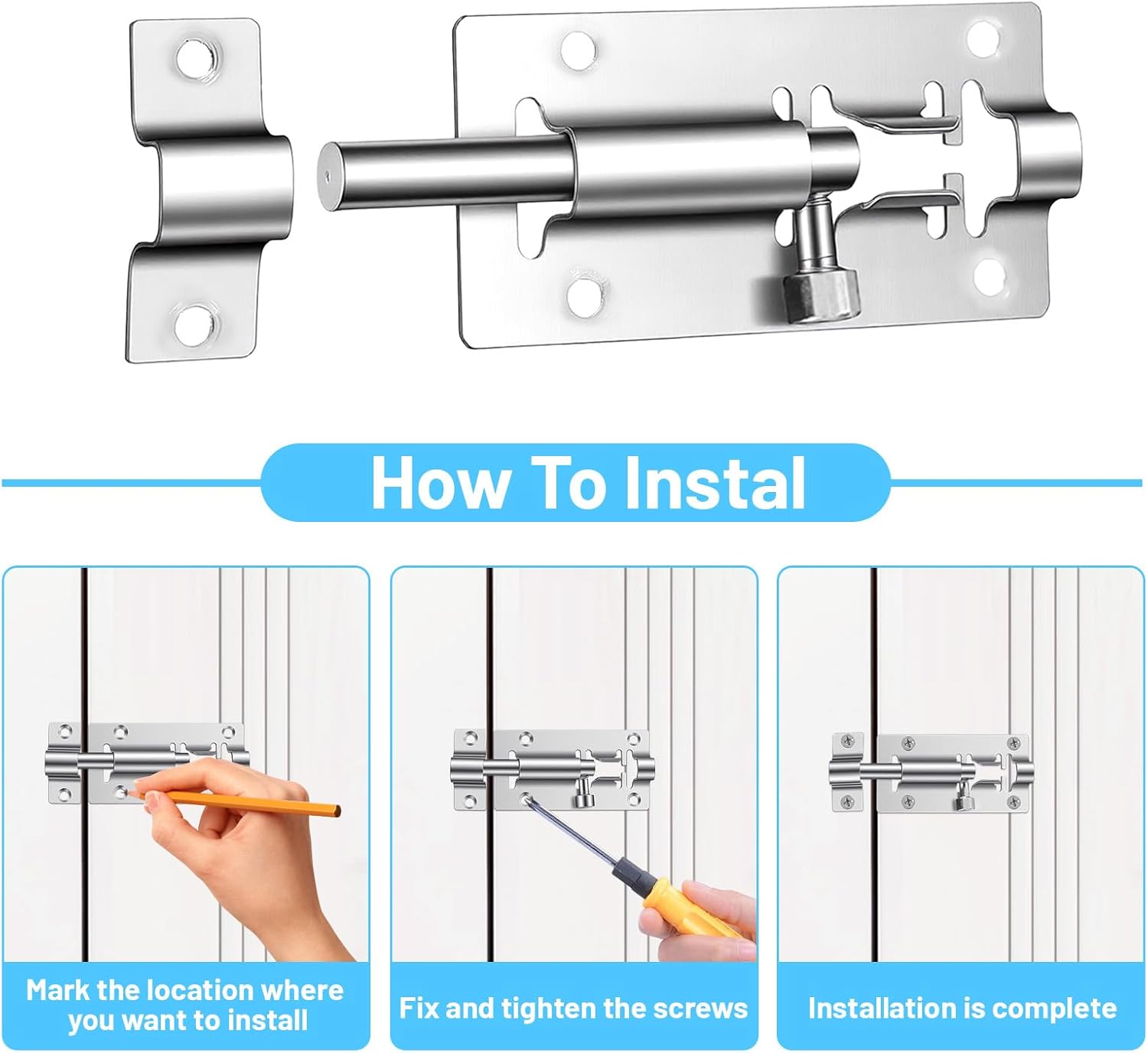 5 Packs Slide Bolt Latch, 3 in Stainless Steel Slide Latch Lock, Barrel Bolt Heavy Duty with 30 Pack Screws for Fence, Door Locks