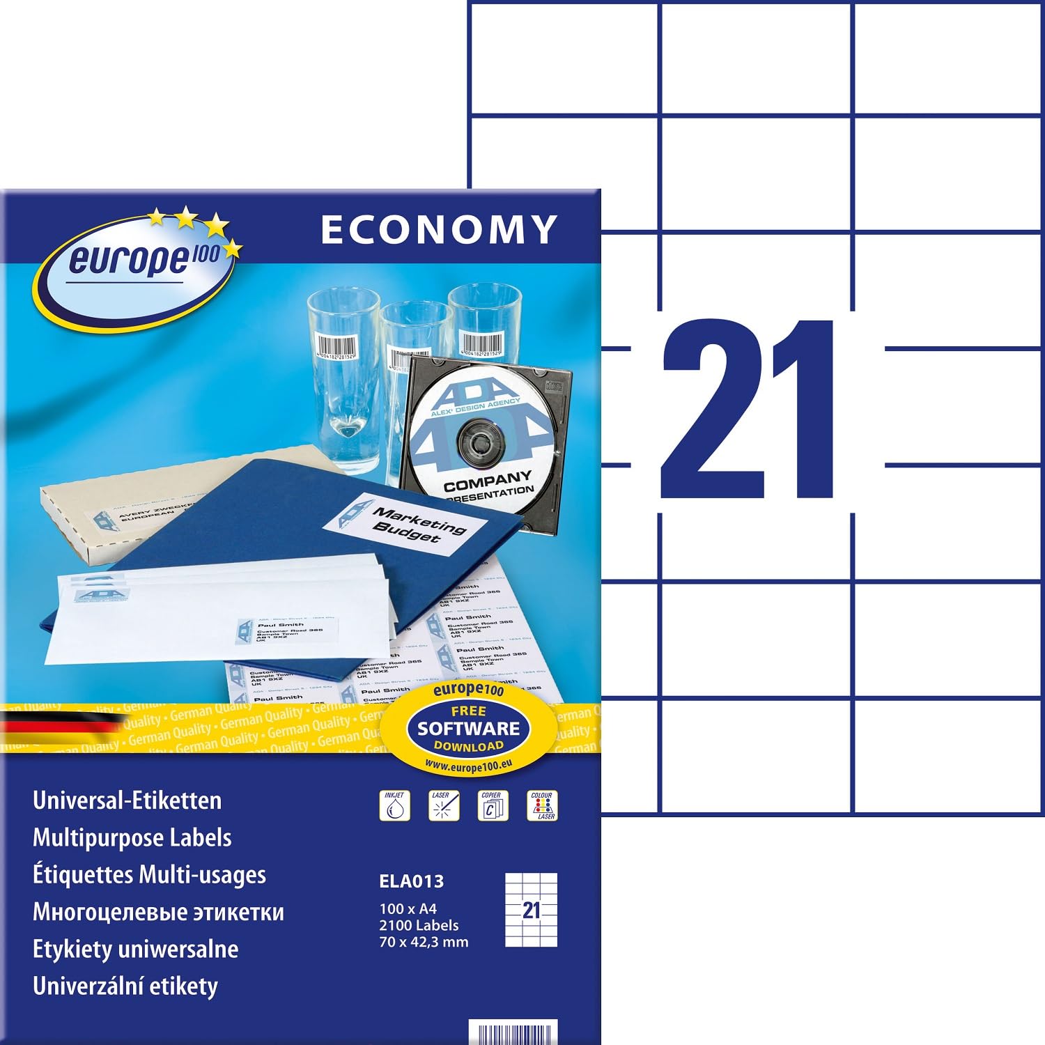 Avery Zweckform ELA013 3100 Labels 70 x 42.3 mm 100 Sheets Laser Copy Inkjet