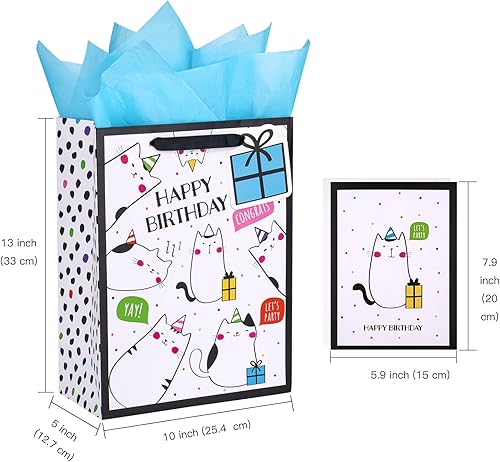 Miniatura 2 de WRAPAHOLIC Bolsa de regalo de cumpleaños grande de 13 pulgadas con tarjeta y papel de seda - Adorable diseño de gato feliz cumpleaños