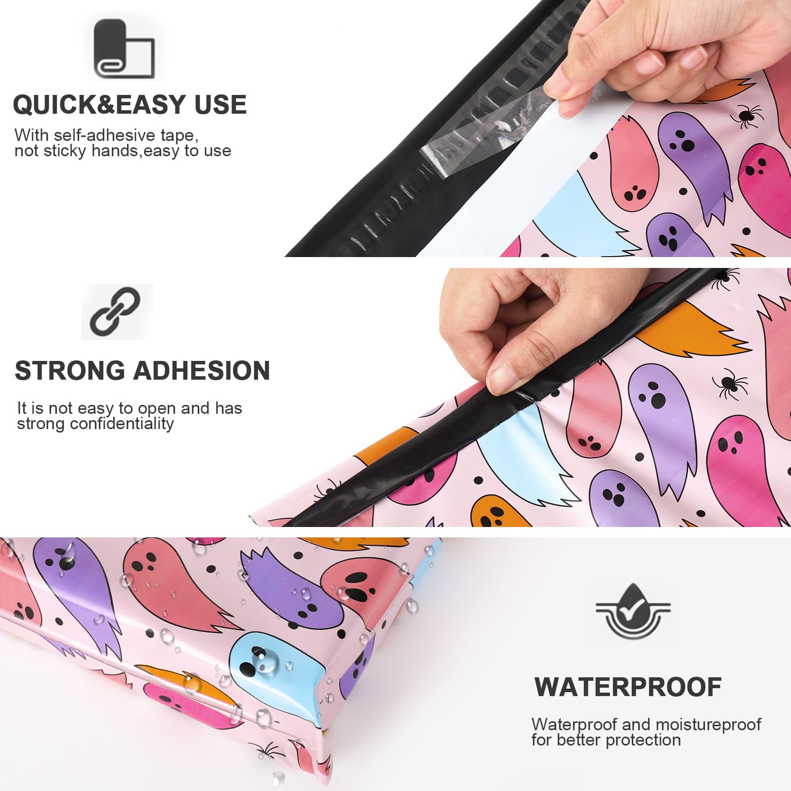 Whaline 100 Pcs Halloween Poly Mailers 10x13 Inch - Ghost Pumpkin Candy Design