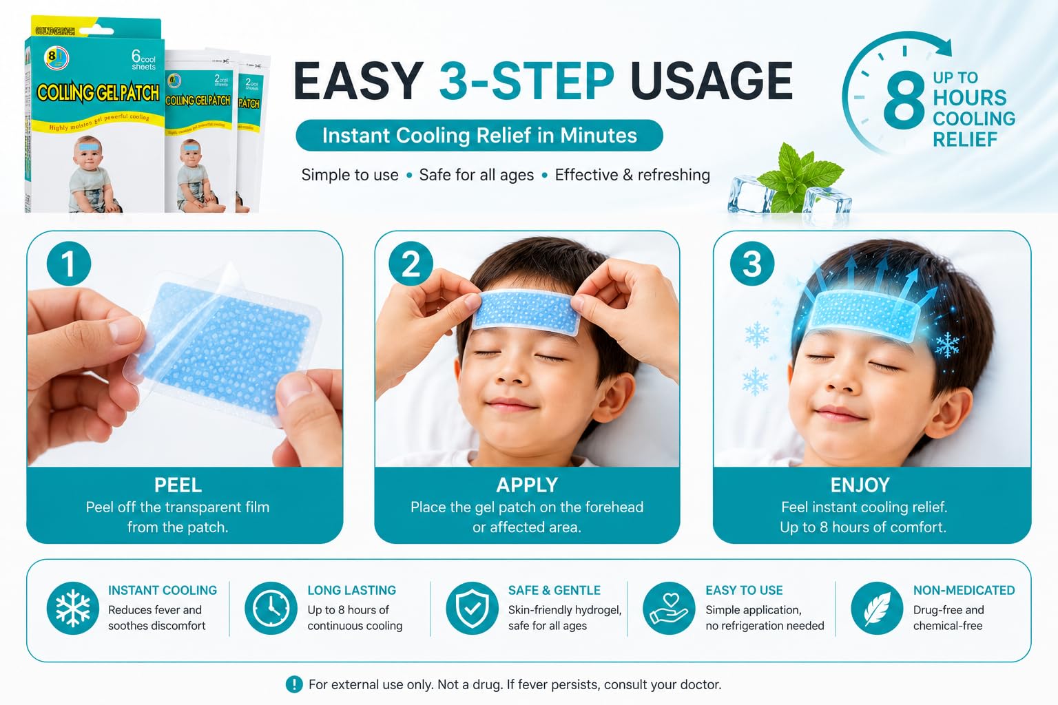 Migraine Relief Cooling Strips– Instant Cooling Headache Patch for For head, Fever, Stress & Migraine Pain Relief Gentle Skin Safe Gel Pad (Cooling Patch 6 - Sheet) — Amazon image 5