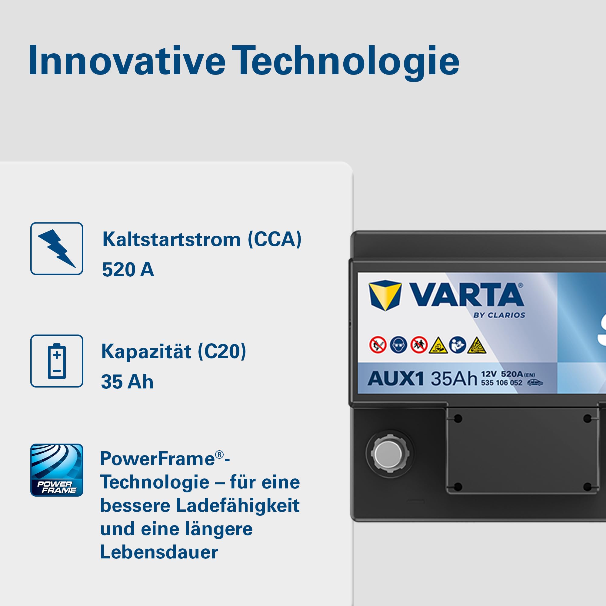 VARTA Automotive DYNAMIC SLI Auxiliary AGM (AUX1) 12V 35Ah 520A - Stützbatterie Nassbatterie für KFZ - Zusätzliche Starterbatterie für Autos mit hohem Energiebedarf - Wartungsfreie Bleisäurebatterie
