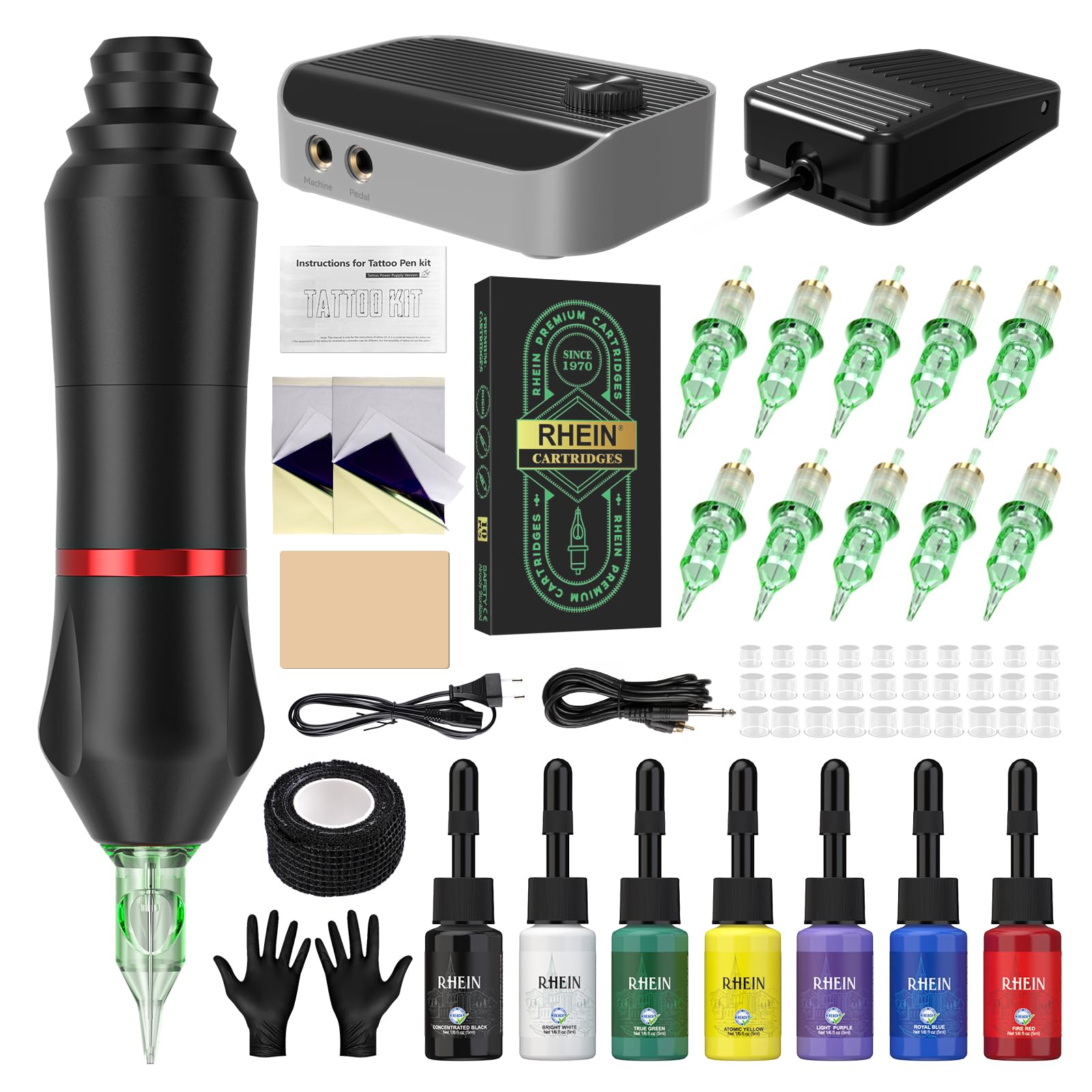 RHEIN Tattoo Maschine Set mit Power Supply 10PCS Cartridges 7 Colours Ink Tattoo Kabel Pen Machine Komplettes Zubehör RN-TKP6B-1-EU