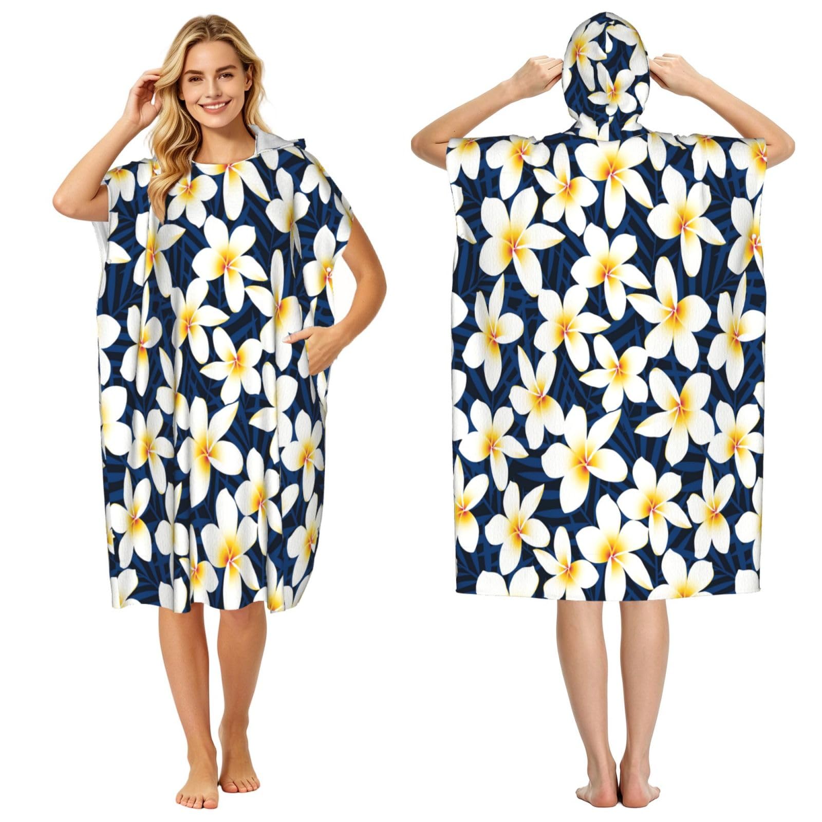 Poadnly Print Tropical White Frangipani Plumeria Flower, Adult Hooded Beach Towel 90 x 110 cm,Changing Bath Robe, Surf Poncho Towel For Women Men