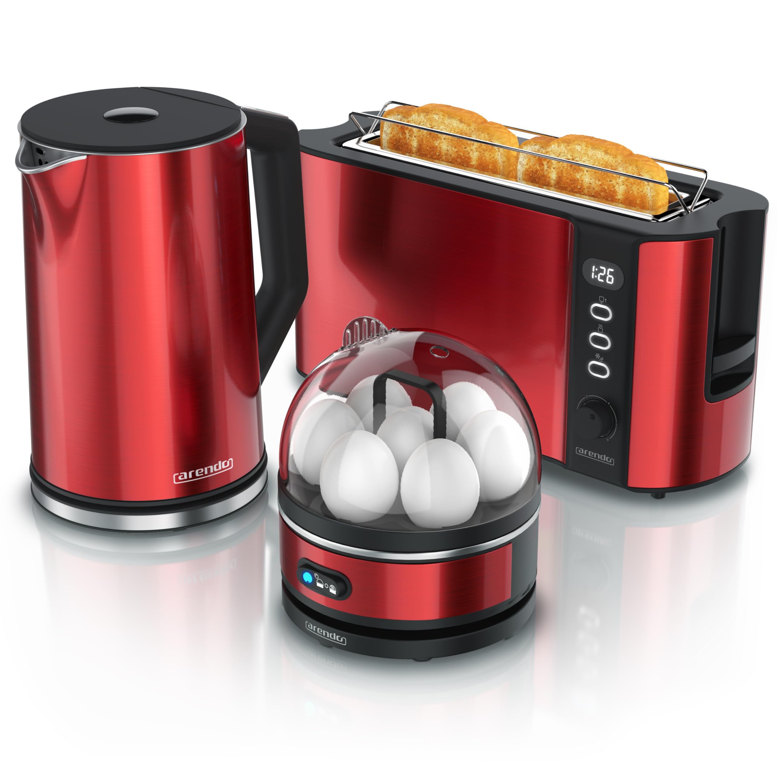 Arendo Wasserkocher Toaster Eierkocher Set Edelstahl Temperatureinstellung 2 Scheiben Langschlitz 1-7 Eier Rot