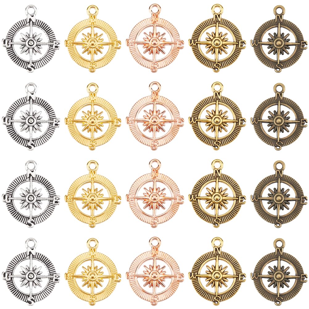 SUNNYCLUE1 Box 50Pcs Colors Compass Charms Alloy Round Charm Bulk Metal  Tibetan Bronze Antique Silver Rose Gold Hollow Shaped Dangle Charm