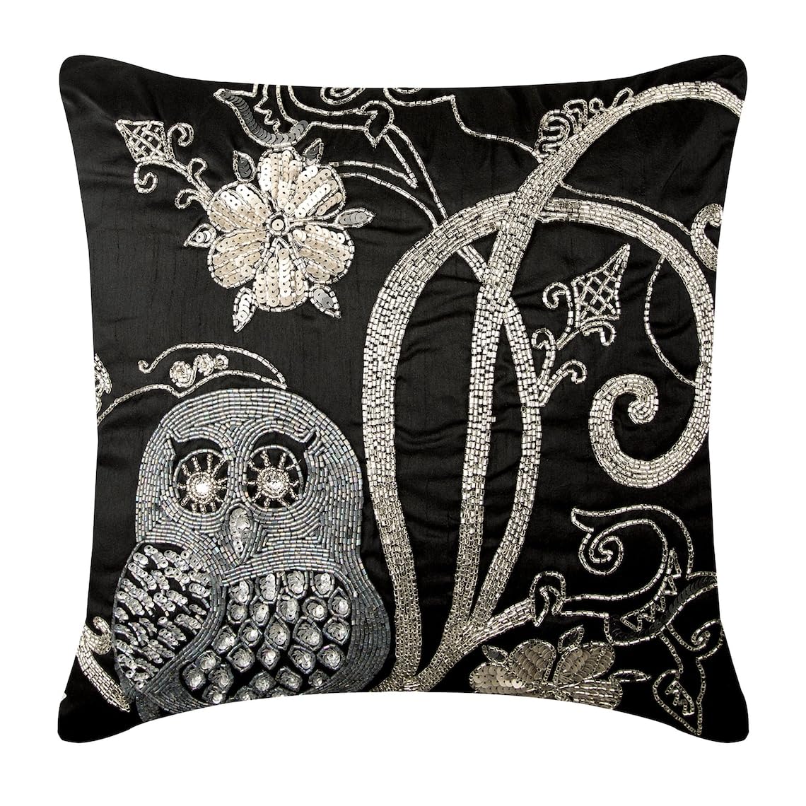 The HomeCentric Black Euro Shams, Pack of 2, 65x65 cm (26"x26") Euro Sham, Beaded Owl Euro Cushion Shams, Silk Euro Cushion Shams, Floral Contemporary Euro Shams - Night Owls โ image 1