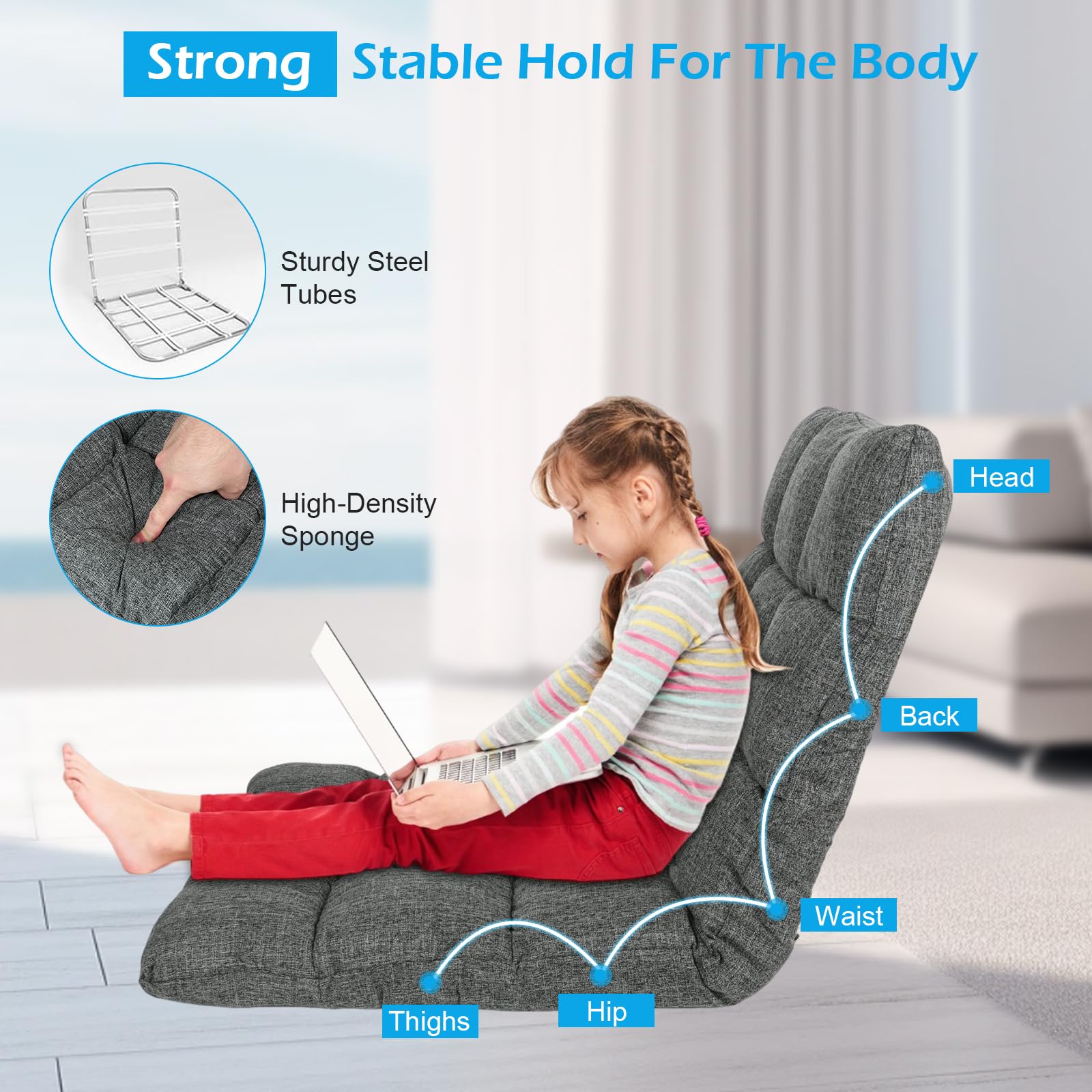 Sedia pieghevole da pavimento, divano letto regolabile, portatile, imbottita, con supporto per la schiena, per leggere, riposare, giocare (grigio)