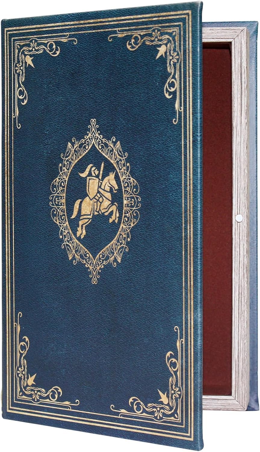 Vintage Soldier Pattern Blue Faux Book Box, Hidden Jewelry Keepsake Storage