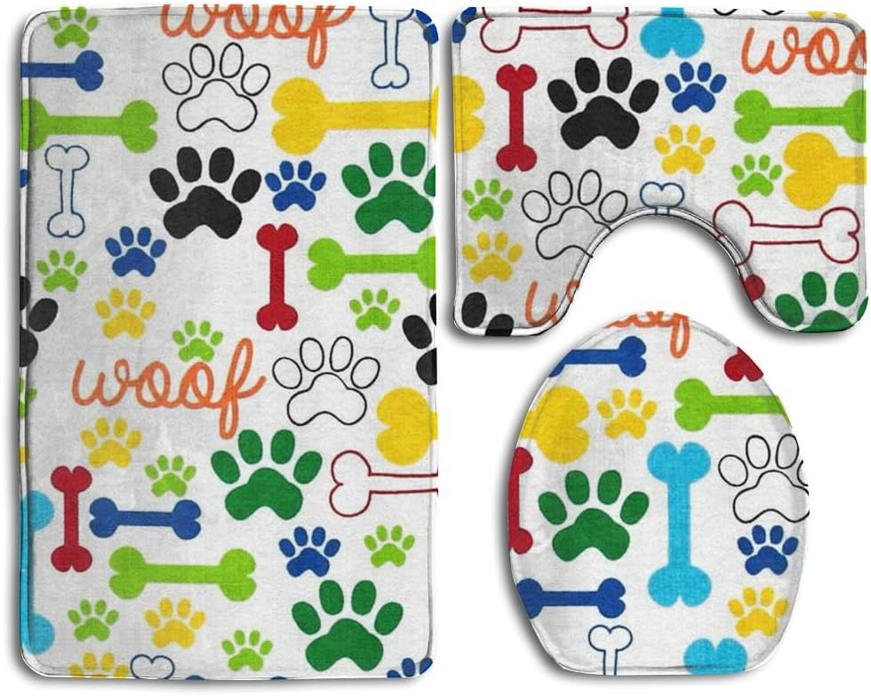 Happy Christmas Bathroom Accessories Bath Rug Sets 3 Piece Bathroom Non-Slip Floor Mat Dog Paw Print Style Pedestal Rug + Lid Toilet Cover + Bath Mat For Kids Women