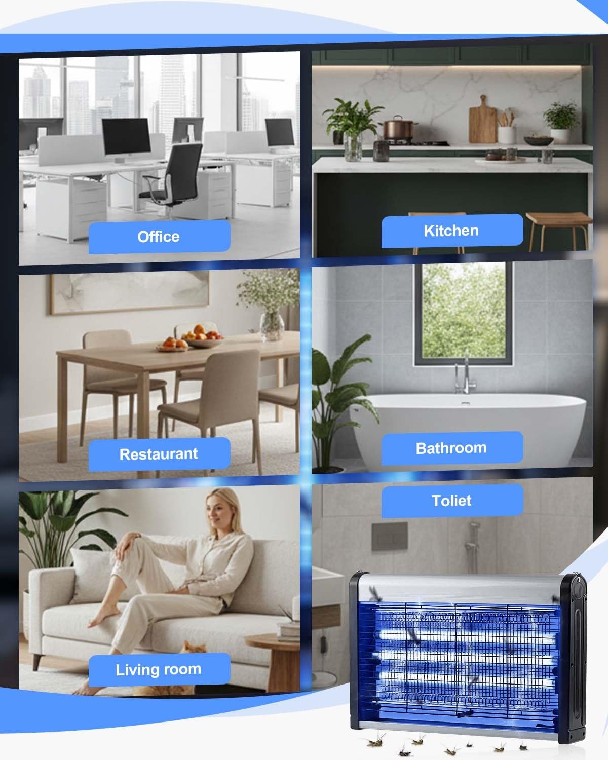 Zapper elettrico per interni da 30 W, lampada antizanzare UV con 3 tubi UVA e design a doppia griglia, facile da pulire per casa, cucina, giardino, cortile
