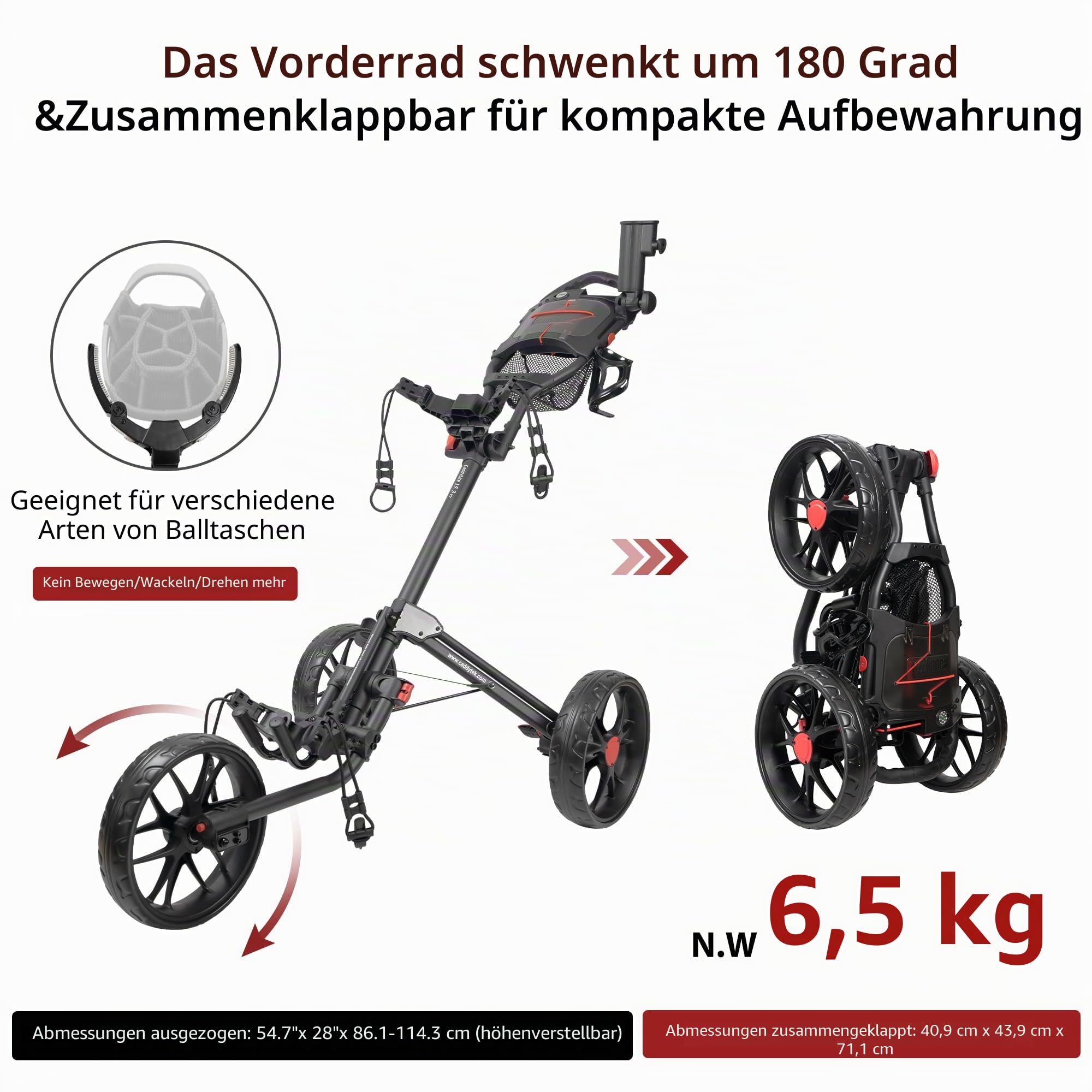 CaddyTek Caddylite 15.3 V2 Golf-Pushwagen, Deluxe-Quad-Falz, leicht, 3 Farben