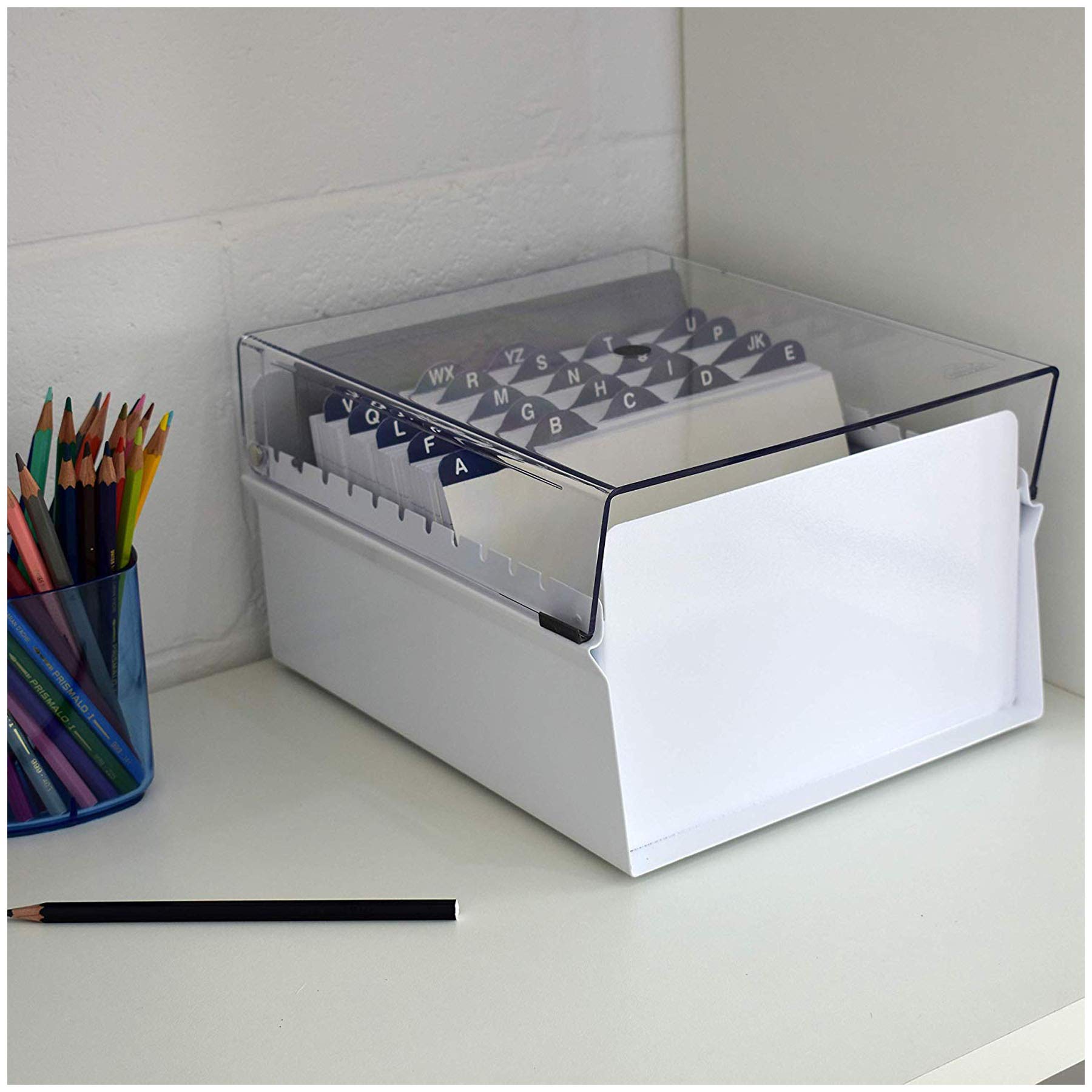 Acrimet Portacarte Organizzatore 5'' x 8’', Base in Metallo Resistente (Indice AZ e un Divisore di Plastica Include) (Base Bianco con Coperchio Trasparente in Plastica)