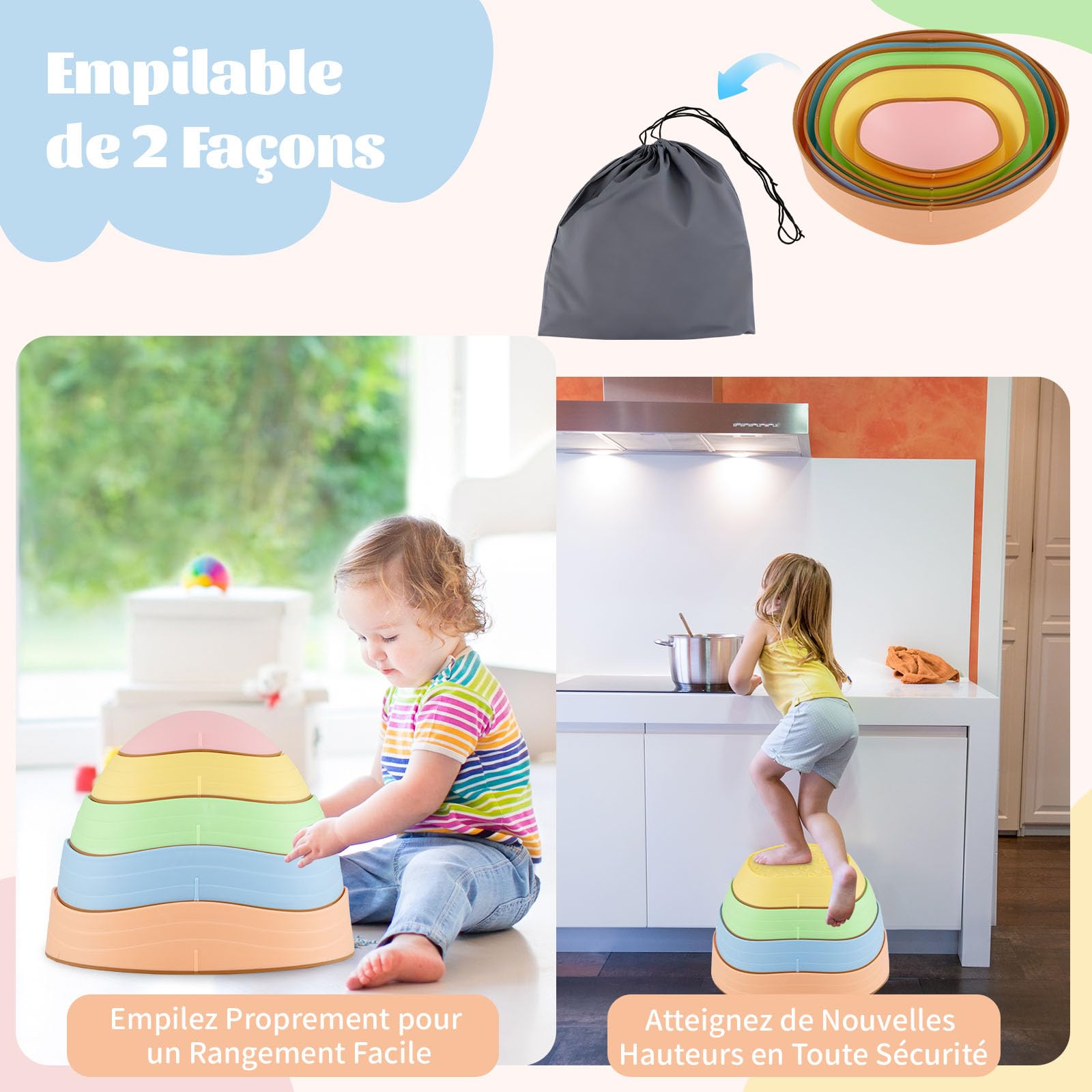 GOPLUS Pierres d'Équilibre pour Enfants, 5 Pièces Parcours de Motricité Antidérapantes Empilables avec Sac de Rangement
