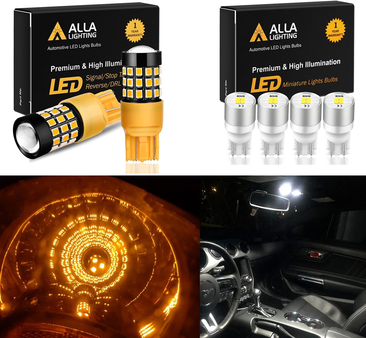 4pcs T10 168 175 194 LED Bulbs, 6000K Xenon White License Plate, Interior Map, Dome, Trunk Lights + 2pcs T20 7440 WY21W 7443 LED Bulbs, Amber Yellow Turn Signal Lights